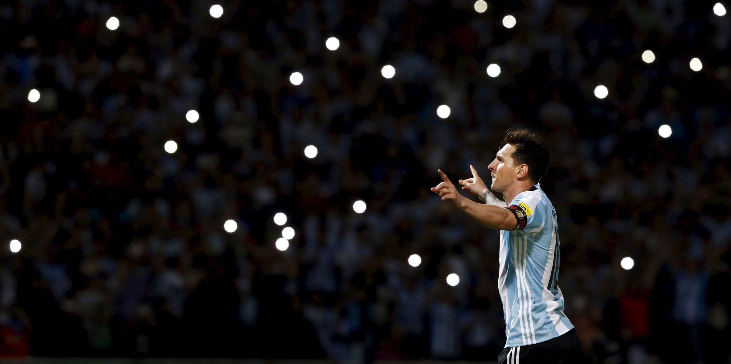Messi celebrates after scoring a goal for Argentina in a March 29 World Cup qualifying match against Bolivia