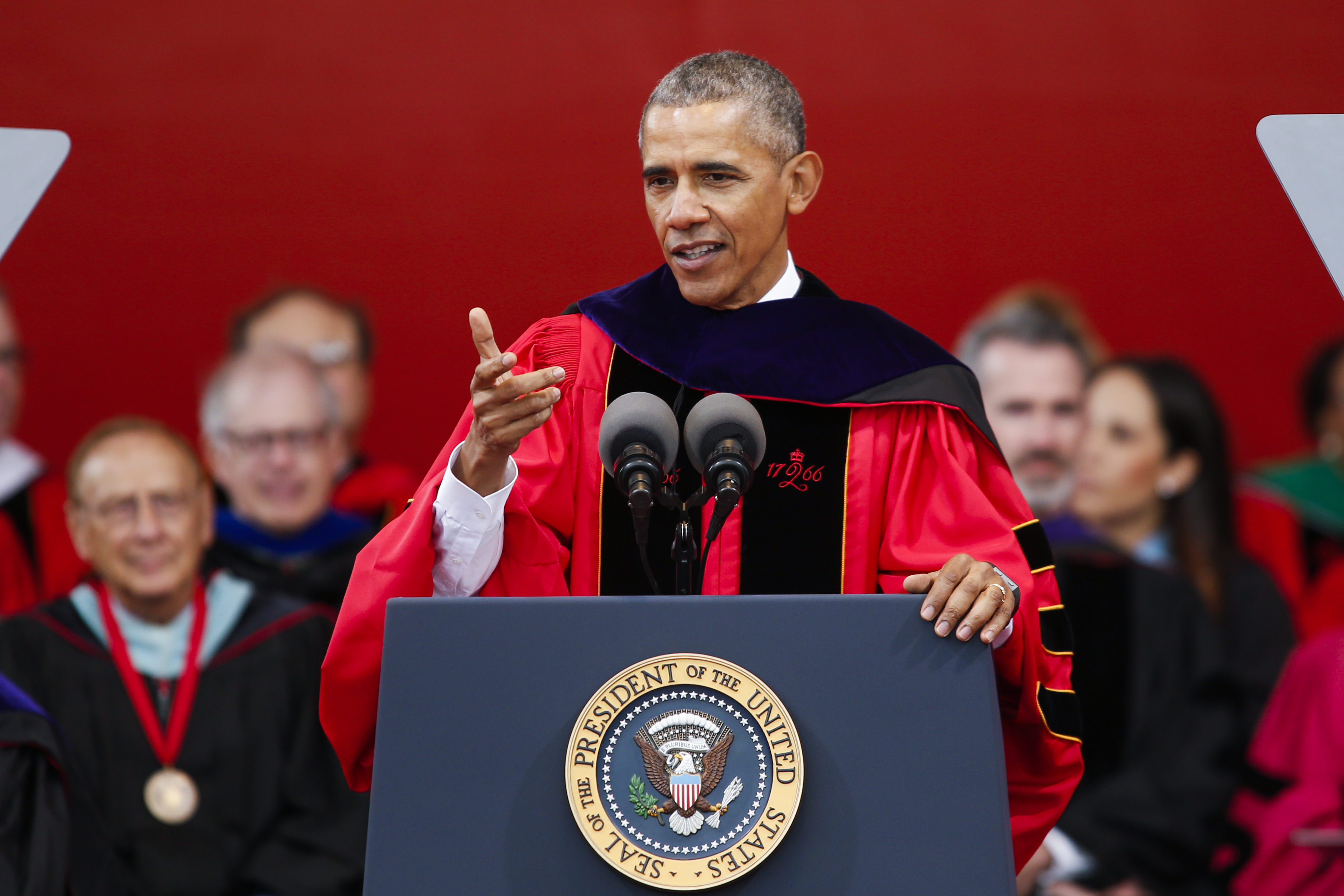 President Barack Obama speaks after receiving an honorary doctorate of laws during the 250th anniversary commencement ceremony at Rutgers University on May 15, 2016 in New Brunswick, New Jersey. (Eduardo Munoz Alvarez/Getty Images)