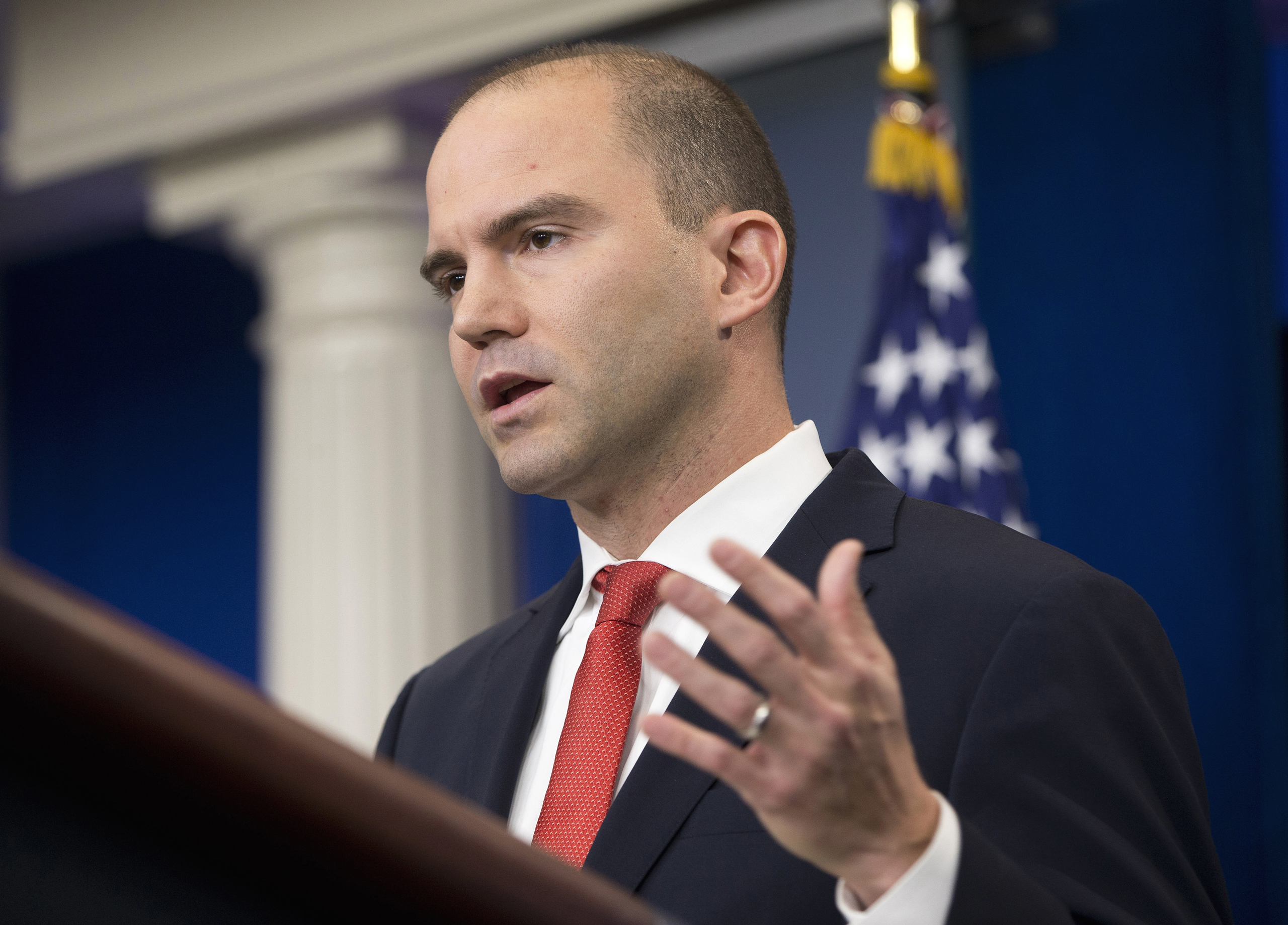 FILE - In this Feb. 16, 2016 file photo Deputy National Security Adviser For Strategic Communications Ben Rhodes speaks in the Brady Press Briefing Room of the White House in Washington. The White House is working to contain the damage caused by a magazine profile of one of President Barack Obama's top aides. In a blog post published late Sunday, May 8, 2016, Rhodes said the public relations campaign he created to sell the Iran nuclear deal was intended only "to push out facts." Rhodes says outside groups that participated "believed in the merits of the deal."  (AP Photo/Pablo Martinez Monsivais, File)