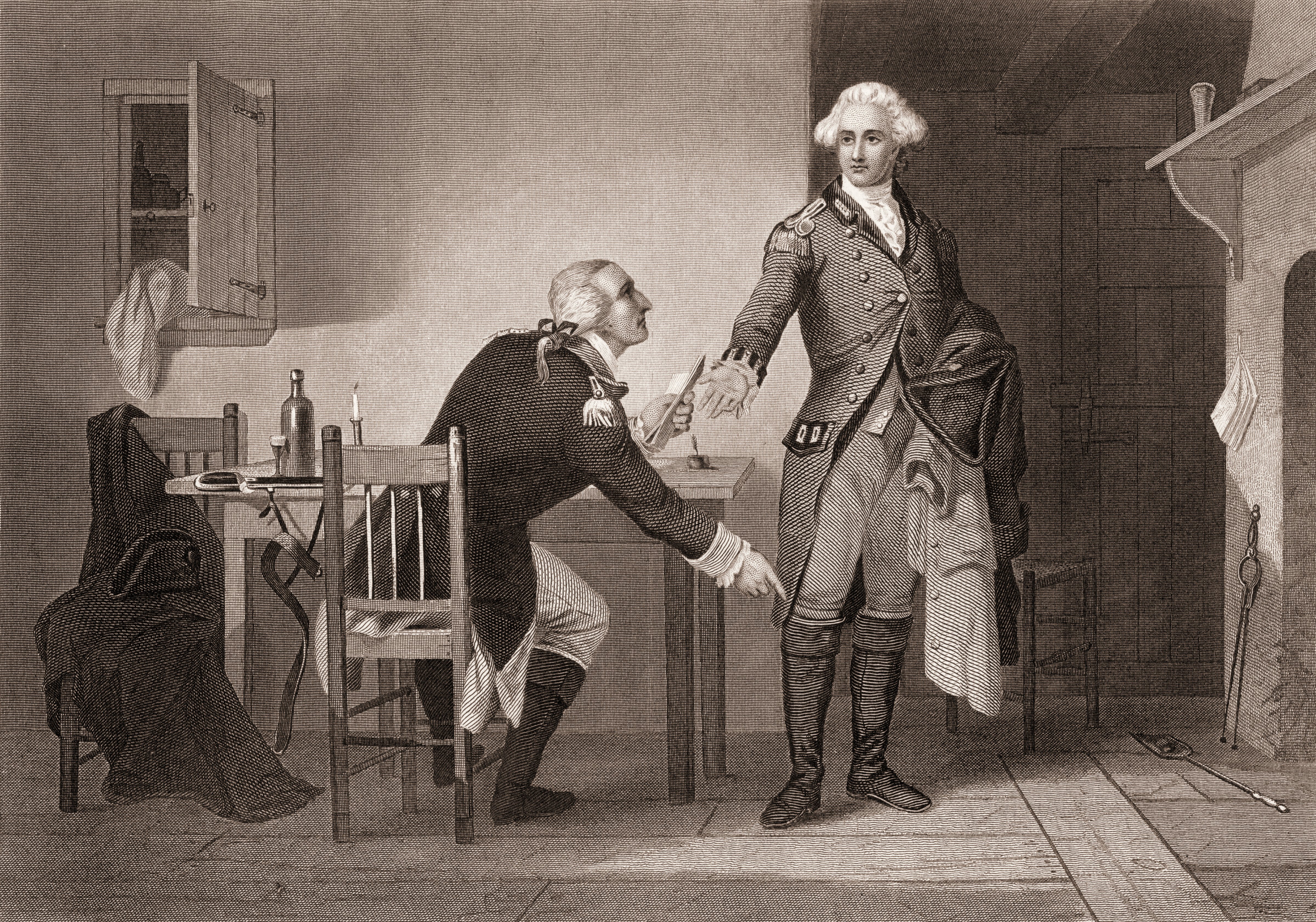 Engraving depicts American army officer Benedict Arnold (1741 - 1801), seated at a table, as he hands papers to British officer John Andre (1750 - 1780) during the American Revolutionary War, mid to late 18th century. Arnold eventually formally switiched sides and joined the British. (Stock Montage&mdash;Getty Images)