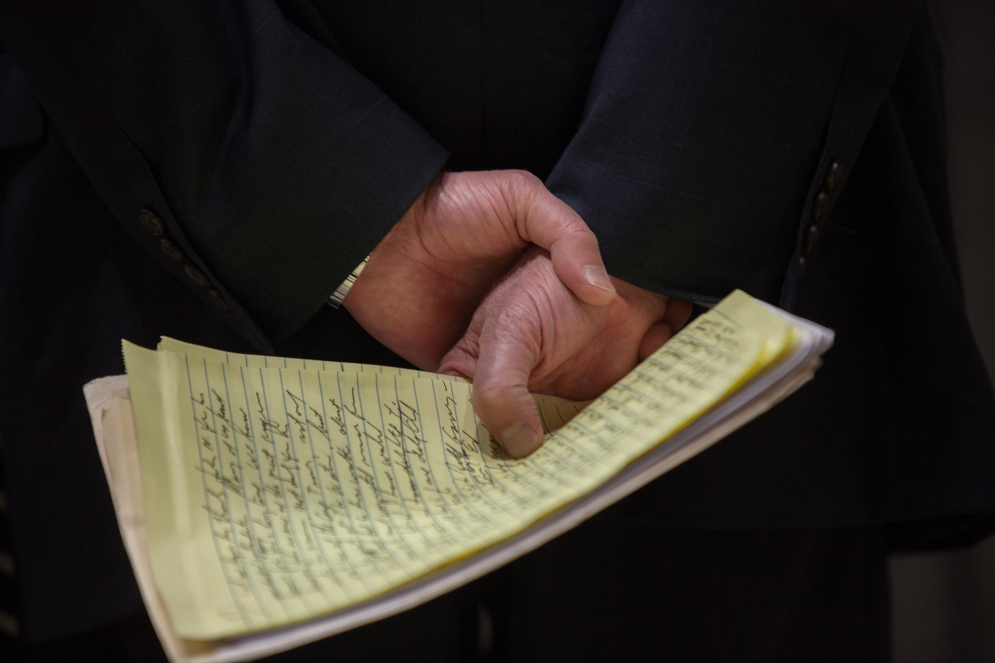 Senator Bernie Sanders holds his ubiquitous lined yellow pad, before taking the stage at the Veteran’s Memorial Coliseum in Madison, Wisconsin on July 1st, 2015.