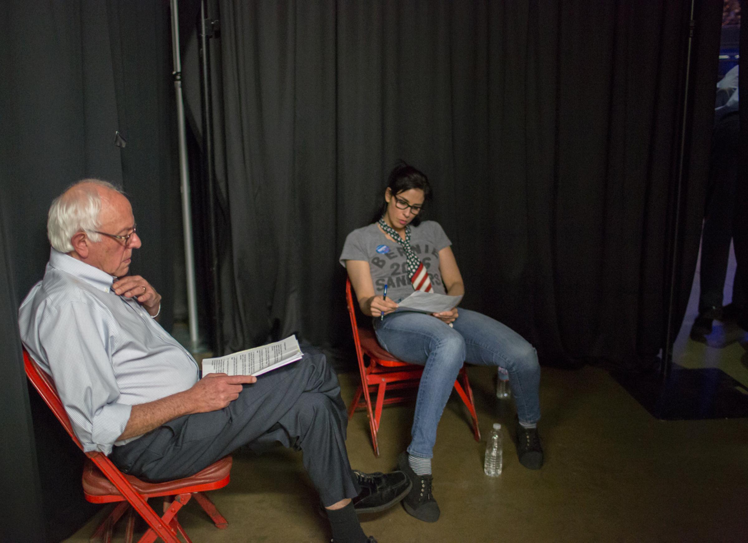 Senator Bernie Sanders and actress/comedian Sarah Silverman work backstage ahead of a rally in Los Angeles, CA, on August 10th, 2015.