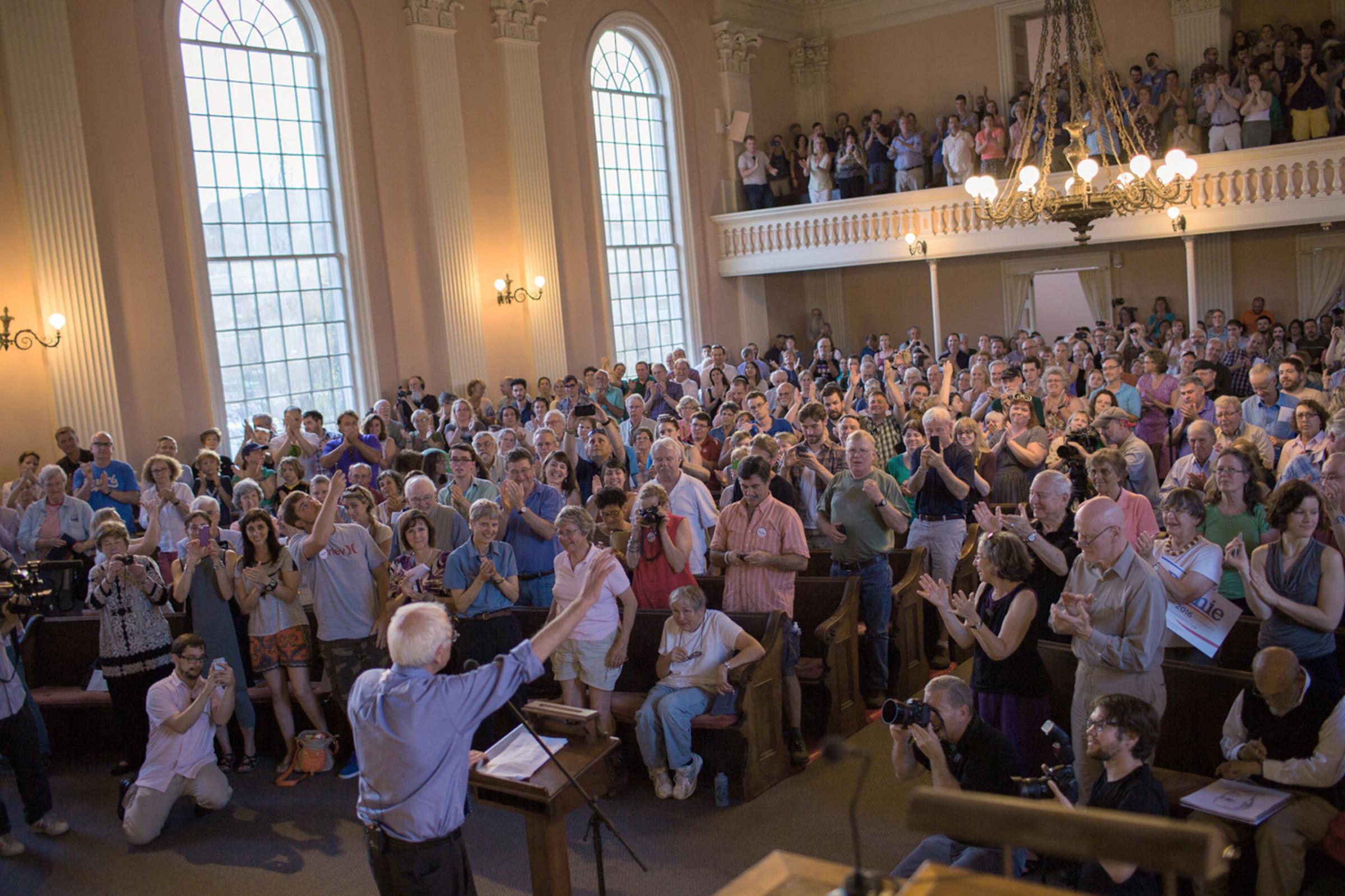 Sen.Bernie Sanders addresses a packed crowd on his first day of campaigning at the South Church in Portsmouth, N.H, May 27, 2015.