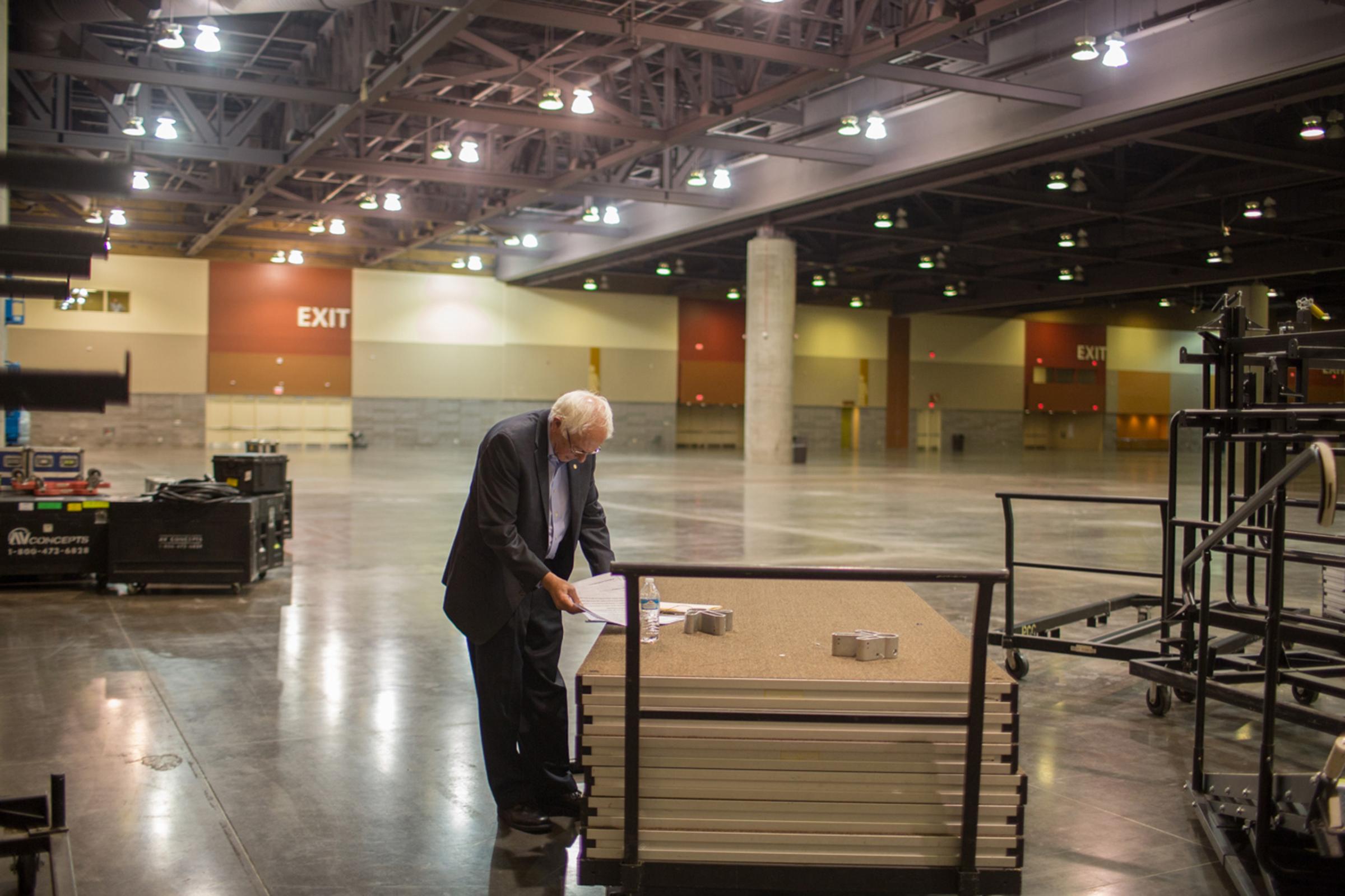 Sen. Bernie Sanders works backstage at the Phoenix Convention Center, July 18, 2015.