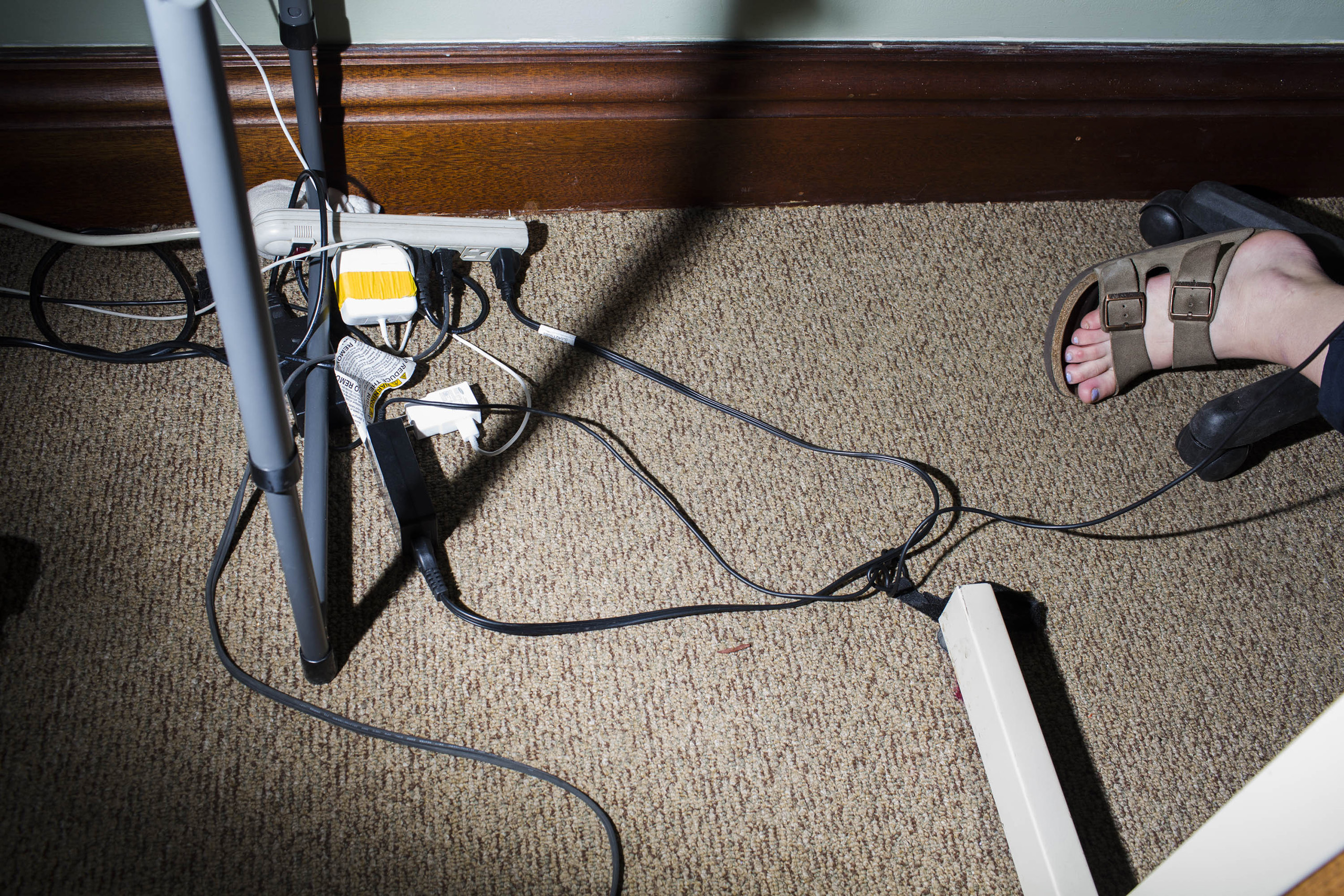 Power cords strewn around to support many of the staff and volunteers inside the campaign headquarters of Bernie Sanders on May 23, 2016, in Burlington, VT.