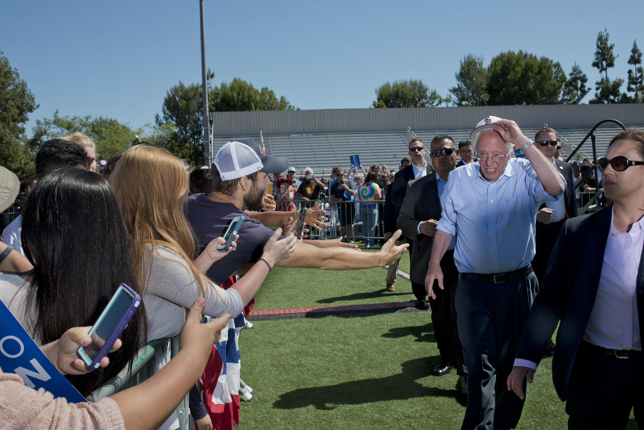 Bernie Sanders greets supporters at a campaign rally at Rancho Buena Vista High School in Vista, Calif., May 22, 2016.