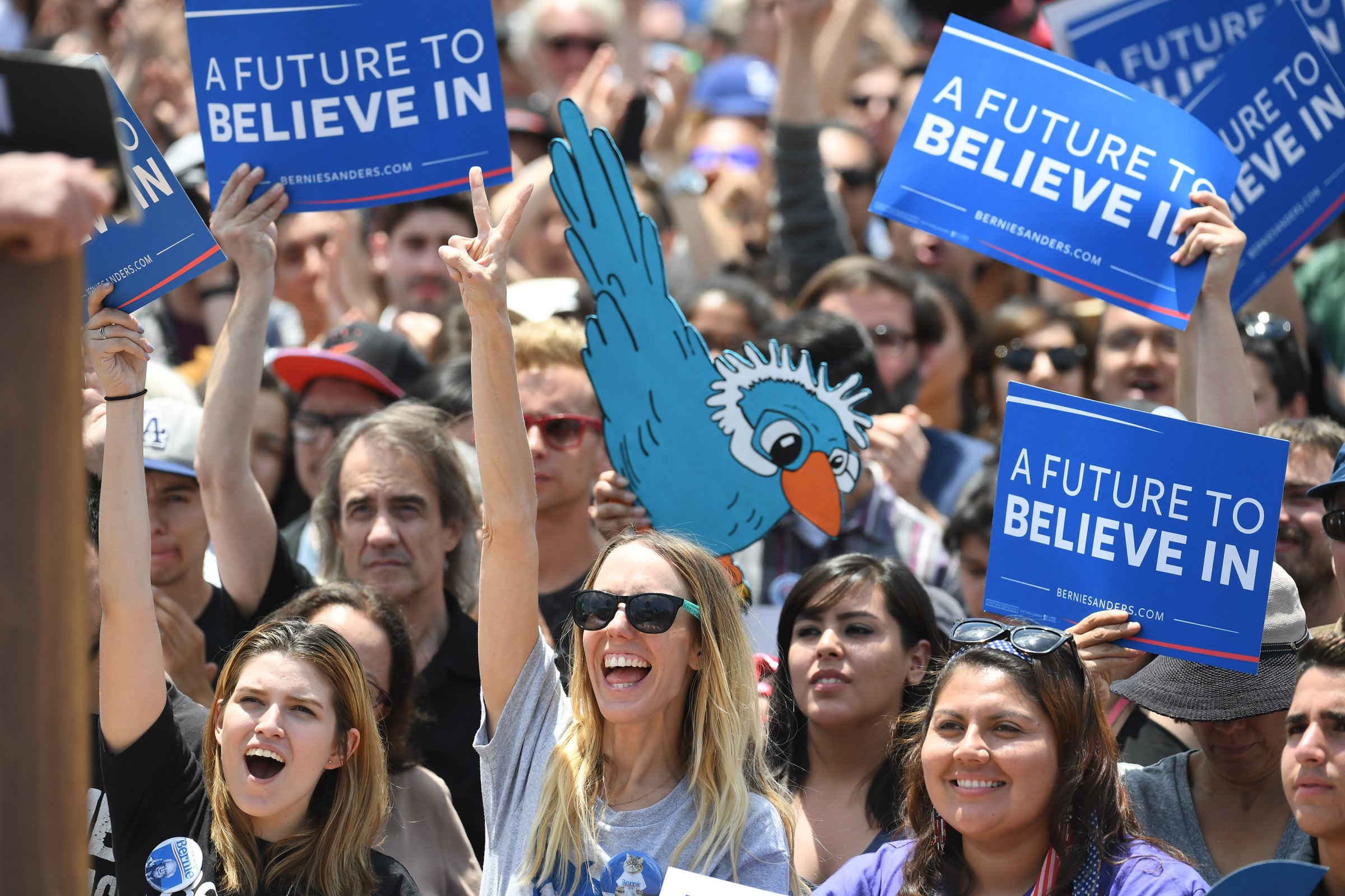 People listen as Bernie Sanders speaks during a rally at Lincoln Park on May 23, 2016 in Los Angeles.