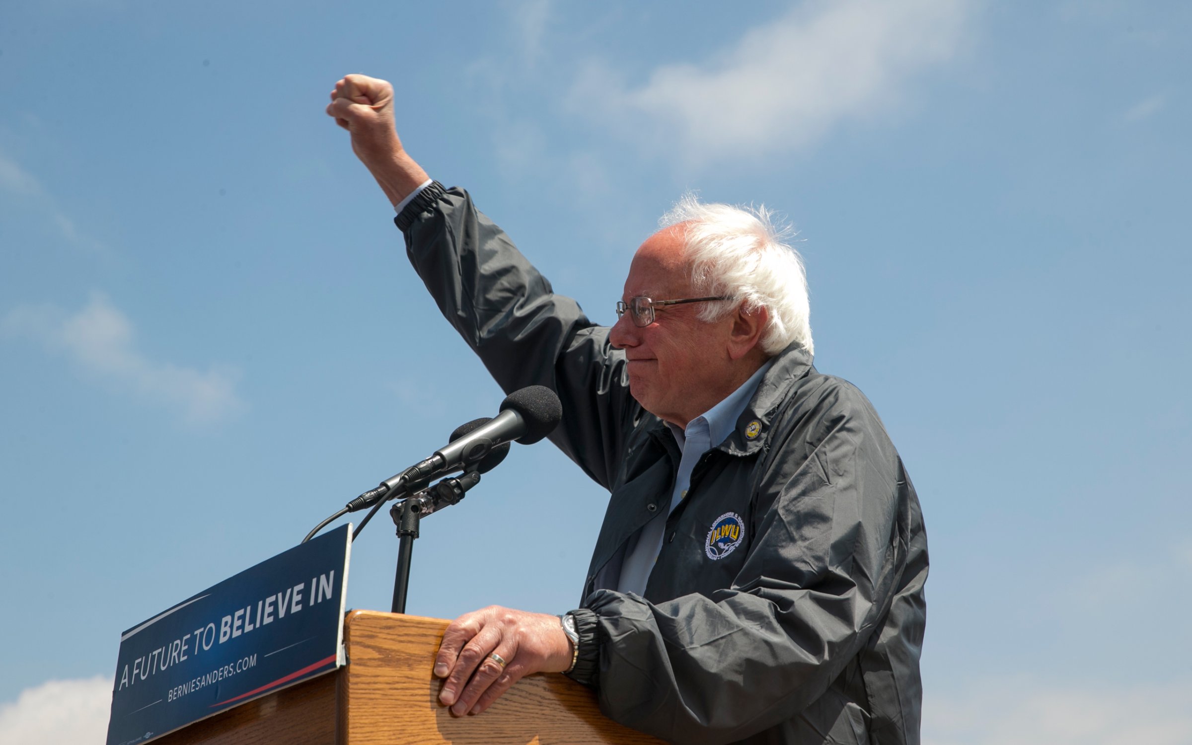 Democratic presidential candidate Sen. Bernie Sanders, I-Vt., salutes at a campaign rally at the Los Angeles Maritime Museum in San Pedro district of Los Angeles Friday, May 27, 2016. (AP Photo/Damian Dovarganes)