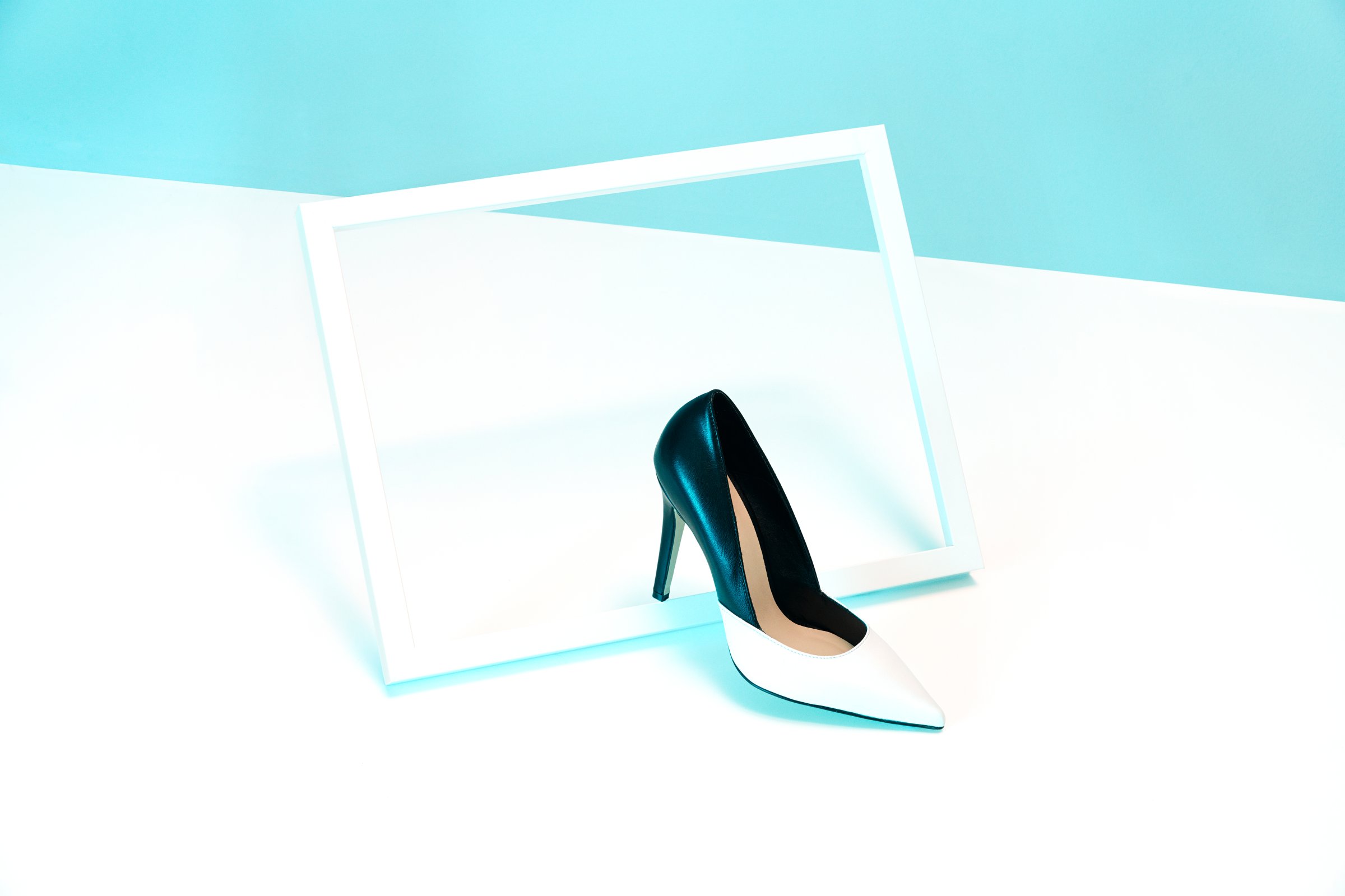 A black and white high heeled shoe in white frame