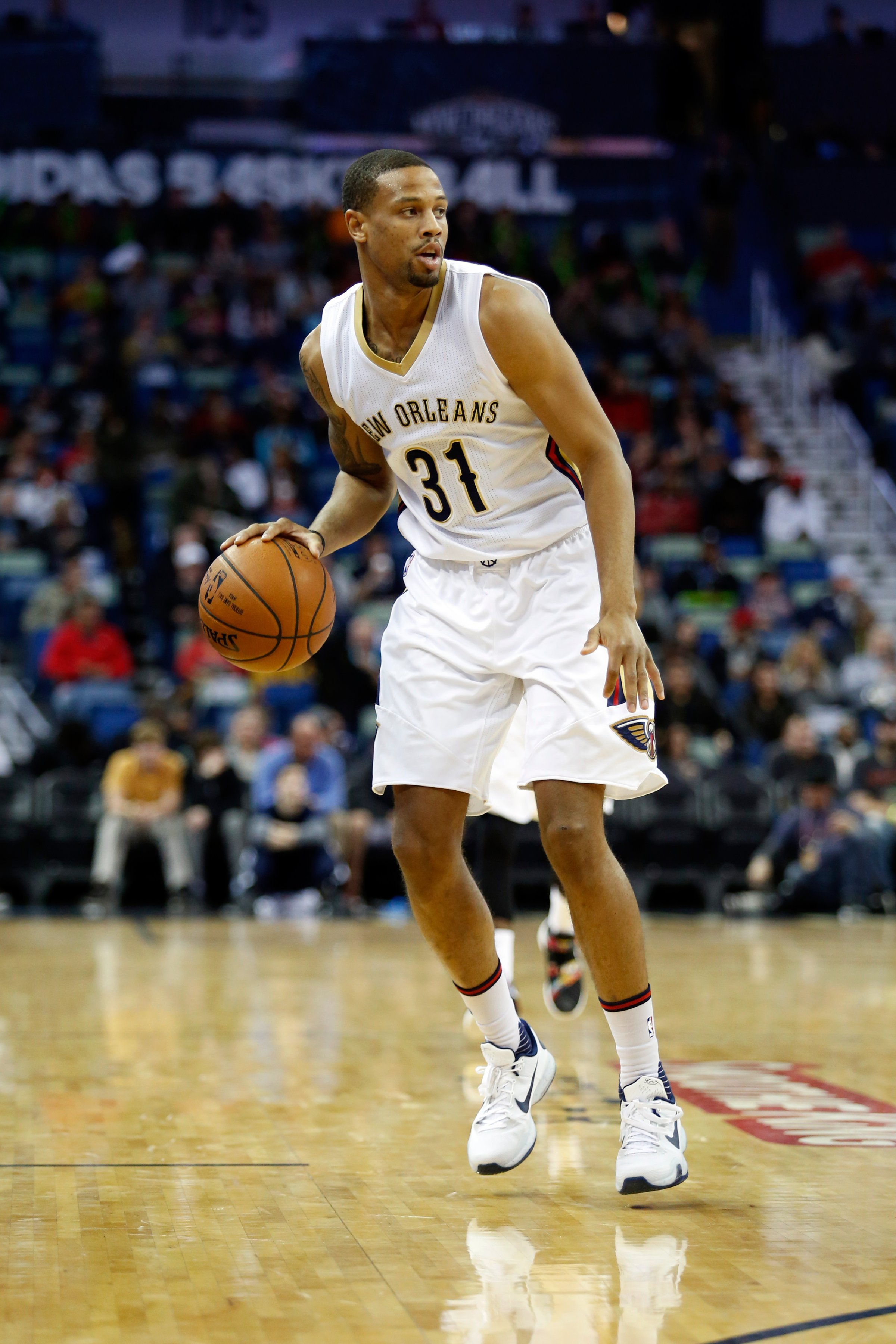 New Orleans Pelicans guard Bryce Dejean-Jones (31) during the first half of an NBA basketball game against the Utah Jazz in New Orleans, Wednesday, Feb. 10, 2016. (AP Photo/Tyler Kaufman)