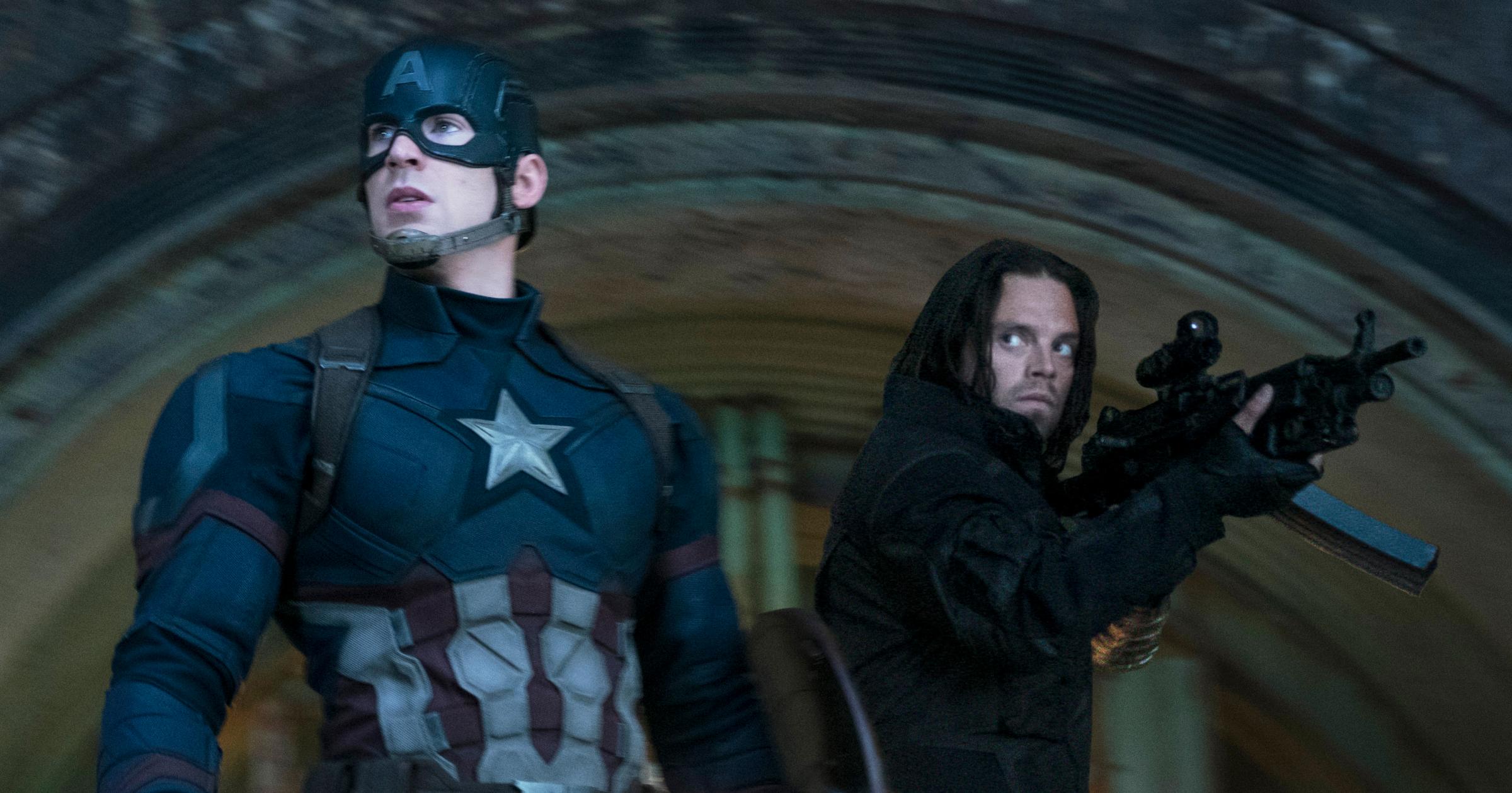 Chris Evans as Captain America/Steve Rogers and Sebastian Stan as Winter Soldier/Bucky Barnes in Captain America: Civil War.