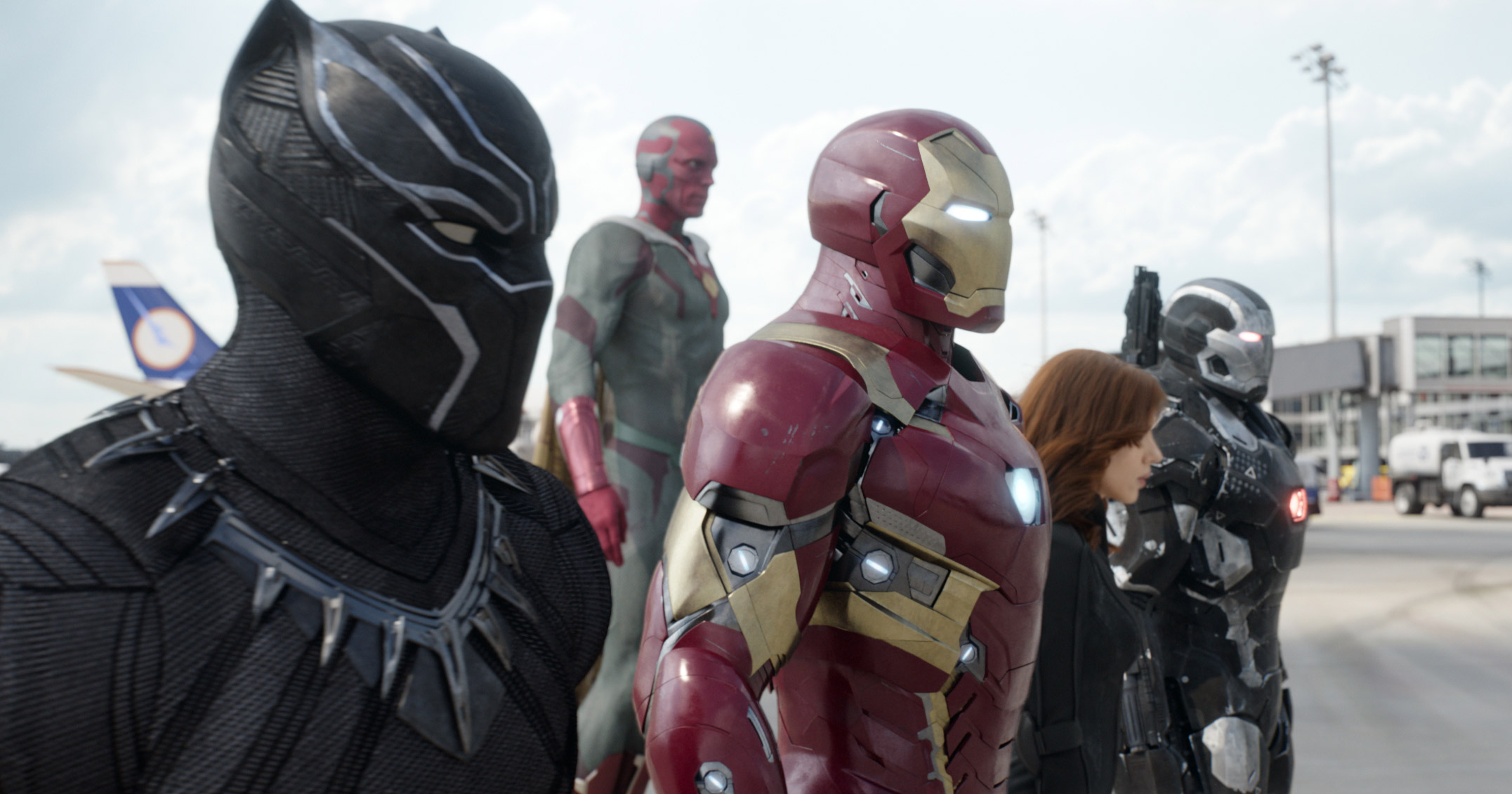 Chadwick Boseman, from left, as Panther, Paul Bettany as Vision, Robert Downey Jr. as Iron Man, Scarlett Johansson as Natasha Romanoff, and Don Cheadle as War Machine in a scene from "Marvel's Captain America: Civil War." (Disney Marvel/AP)