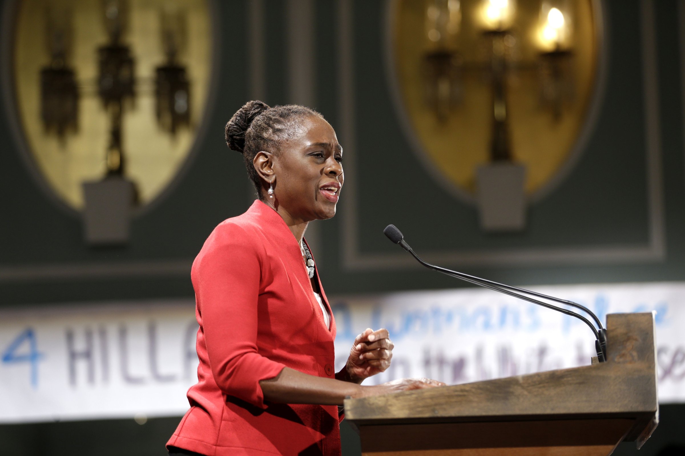 First lady of New York City Chirlane McCray speaks during a Women for Hillary event in New York, Monday, April 18, 2016. (AP Photo/Seth Wenig)