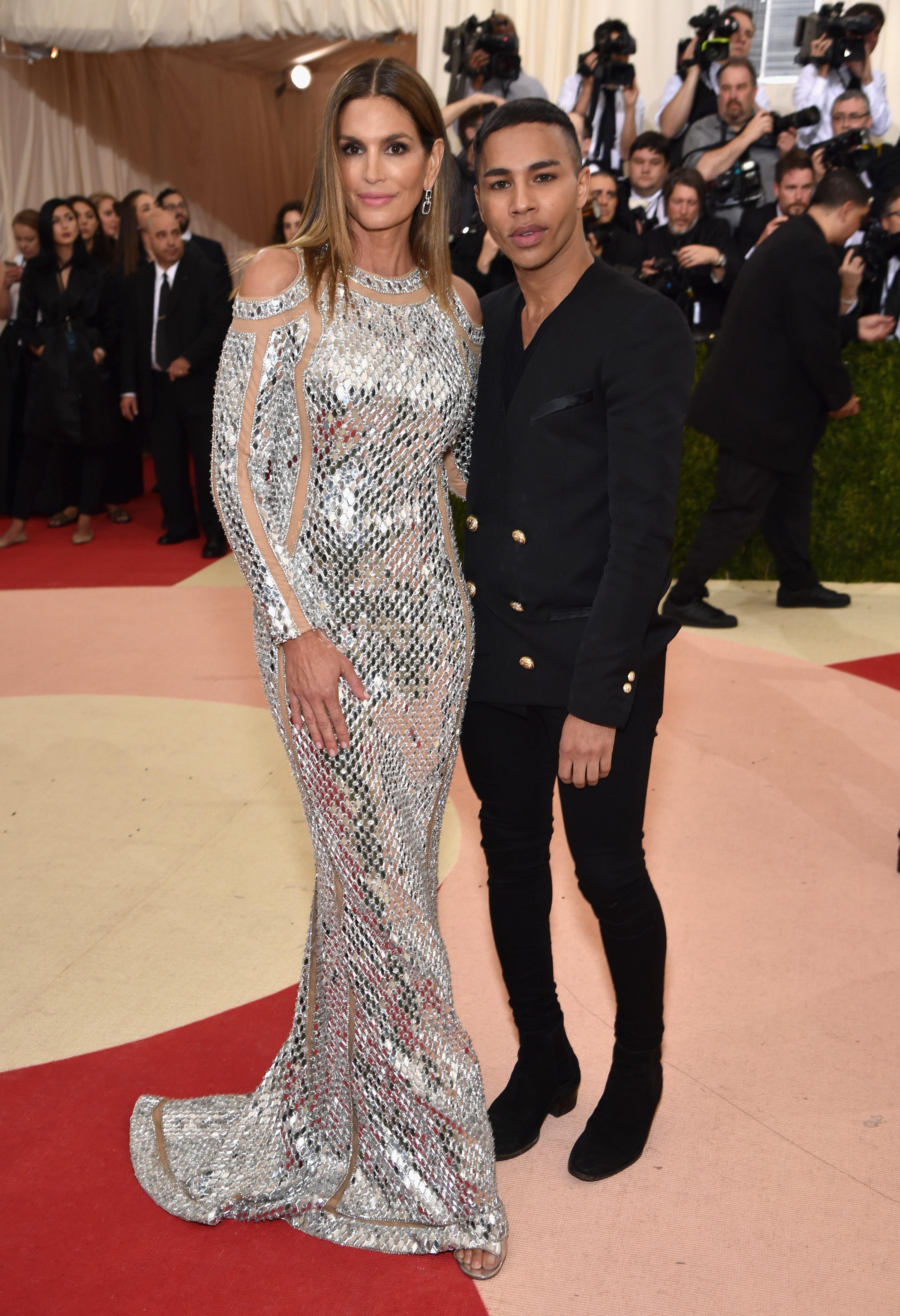 Cindy Crawford and designer Olivier Rousteing attend "Manus x Machina: Fashion In An Age Of Technology" Costume Institute Gala at Metropolitan Museum of Art on May 2, 2016 in New York City.