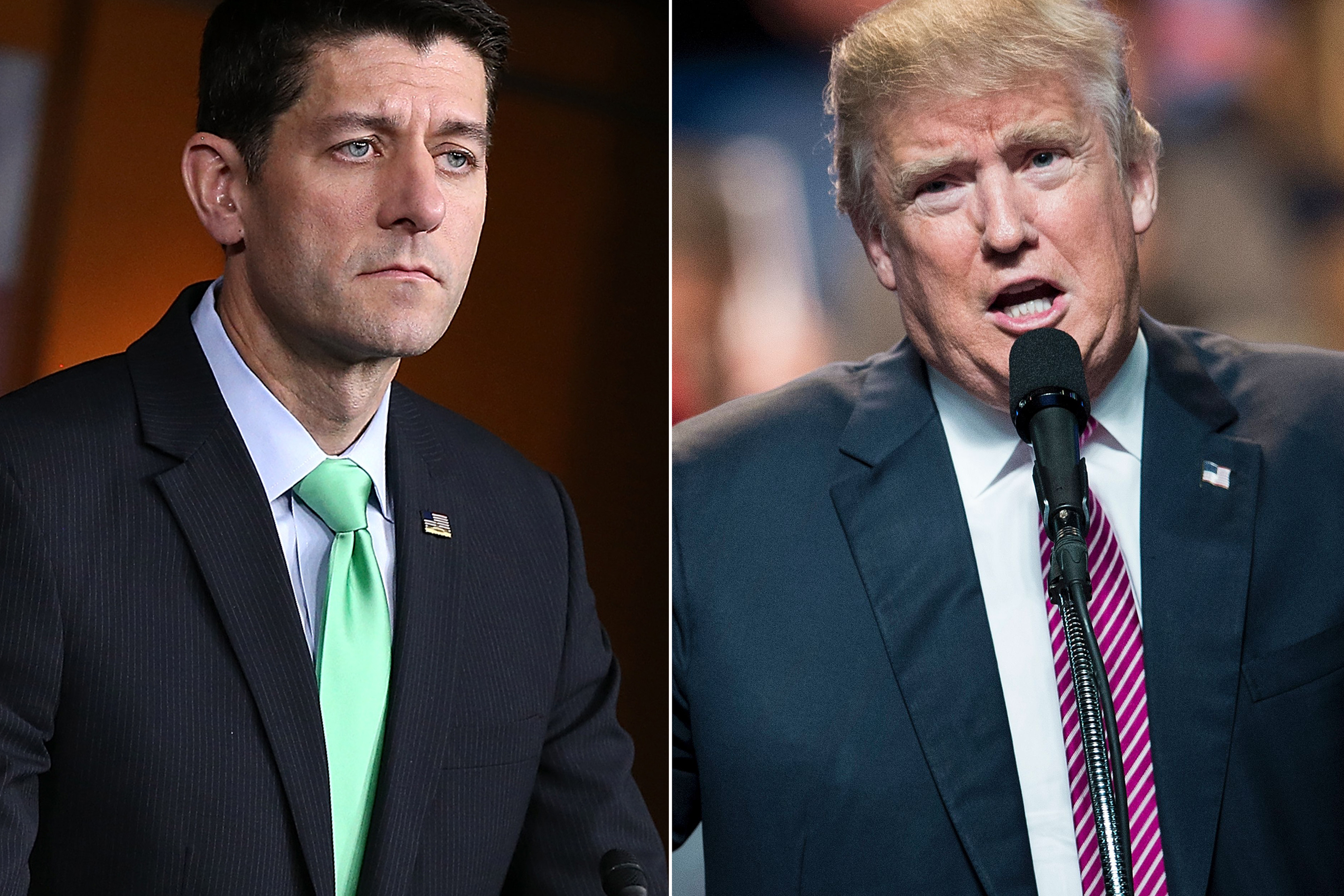 Paul Ryan in Washington, on April 28, 2016 (L); Donald Trump in Charleston, West Virginia, on May 5, 2016. (Win McNamee—Getty Images (L); Brendan Smialowski—Getty Images)