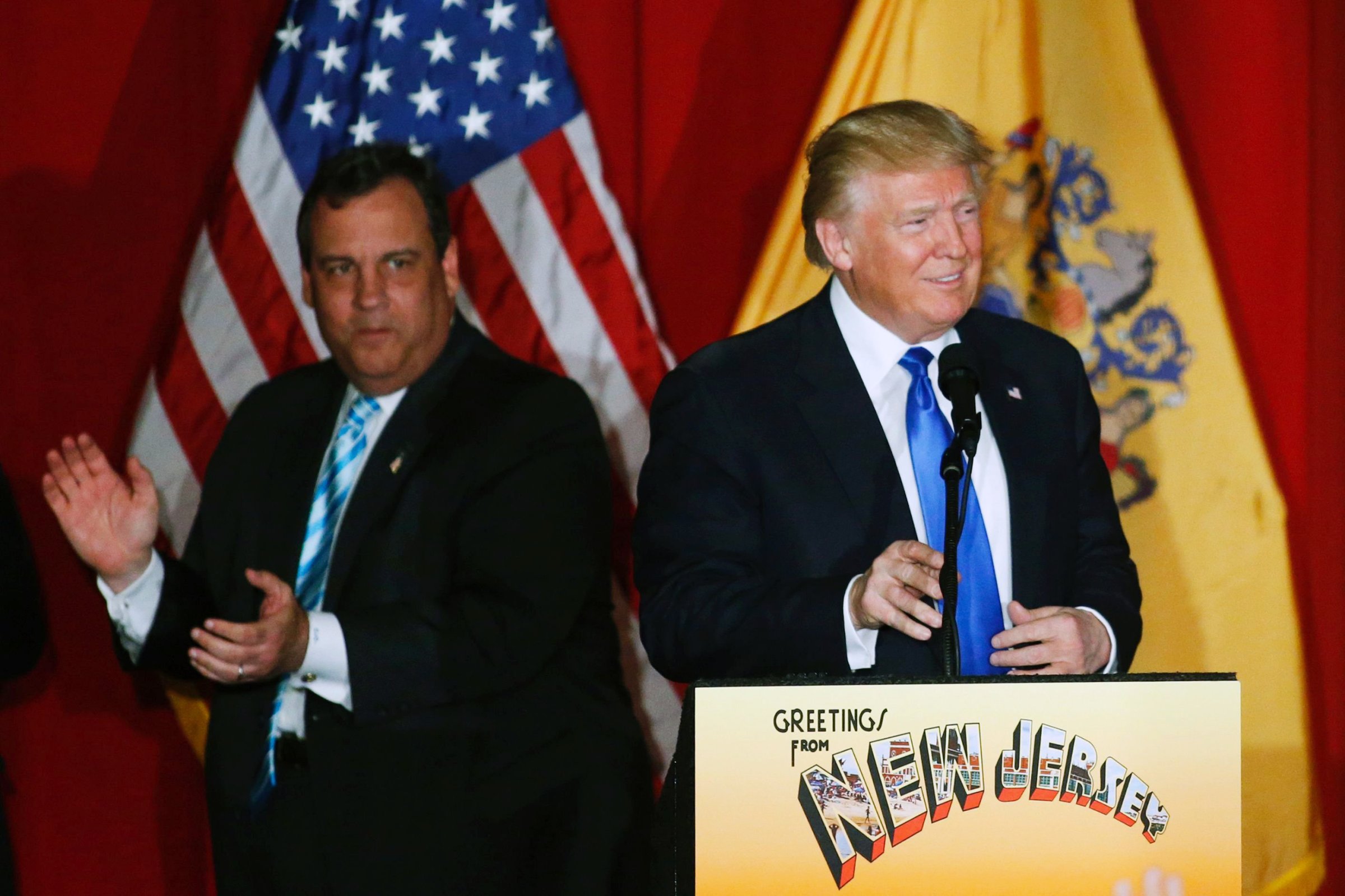 Republican presidential candidate Donald Trump and New Jersey Gov. Chris Christie greet the crowd at a fundraising event in Lawrenceville, N.J. on May 19, 2016.