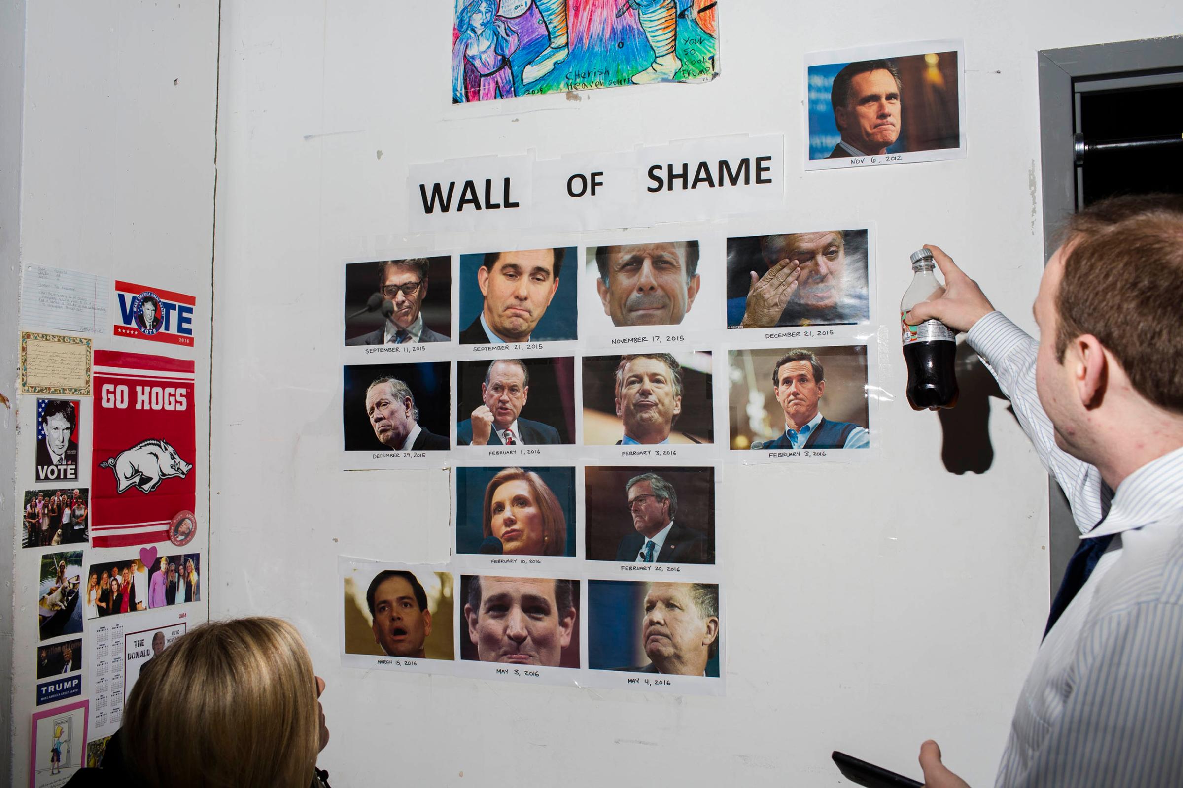 The wall of shame featuring Republican leaders who have criticized Trump, like former presidential candidate Mitt Romney inside the campaign headquarters of Donald Trump in New York City, on May 24, 2016.