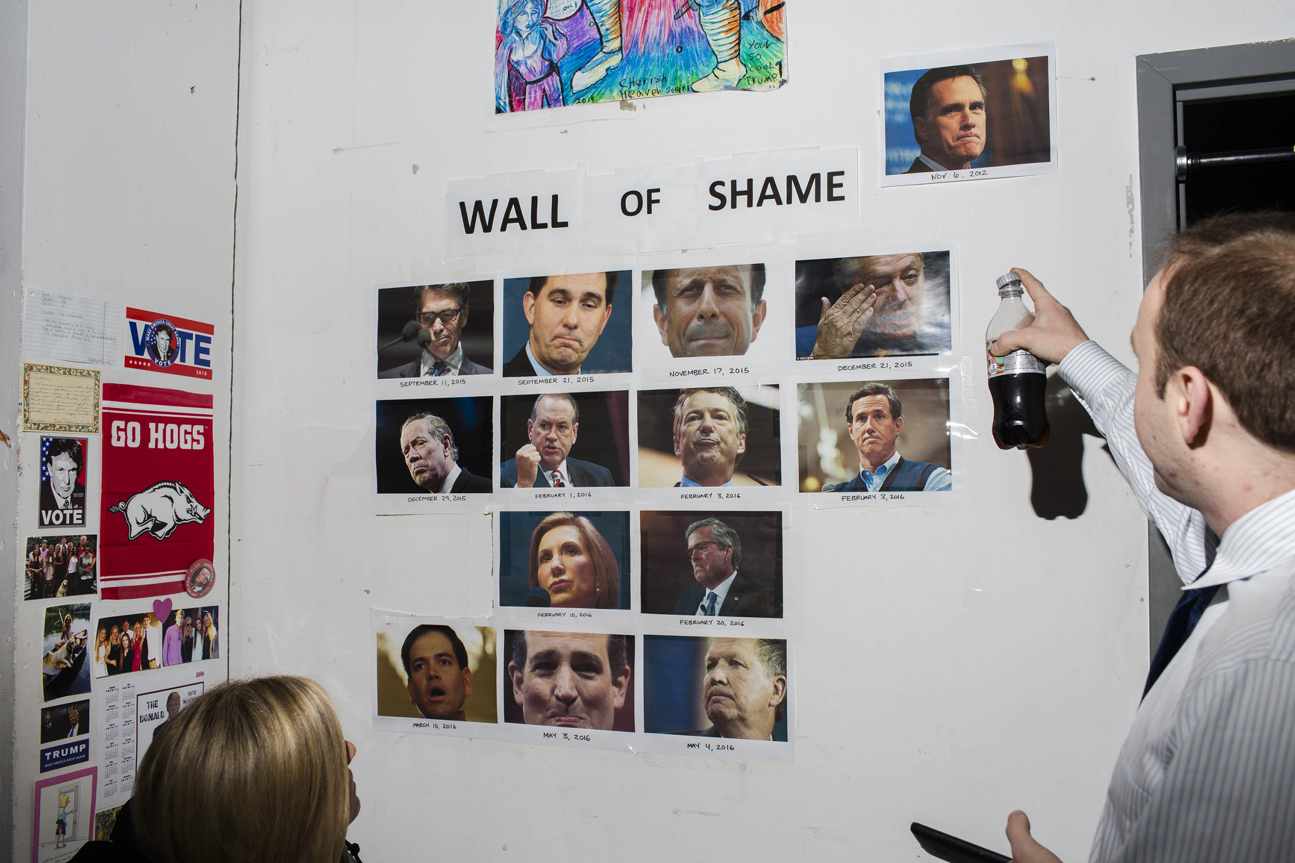 The wall of shame featuring Republican leaders who have criticized Trump, like former presidential candidate Mitt Romney inside the campaign headquarters of Donald Trump on May 24, 2016, New York City. (Landon Nordeman for TIME)