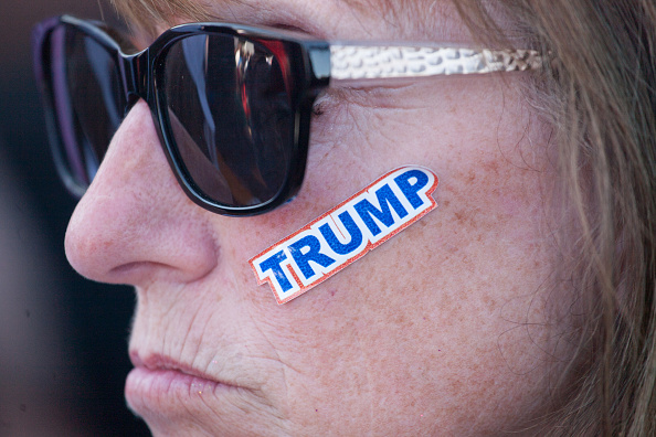 A supporter is seen with a sticker on her face during a Republican presidential candidate Donald Trump rally at the The Northwest Washington Fair and Event Center on May 7, 2016 in Lynden, Washington.