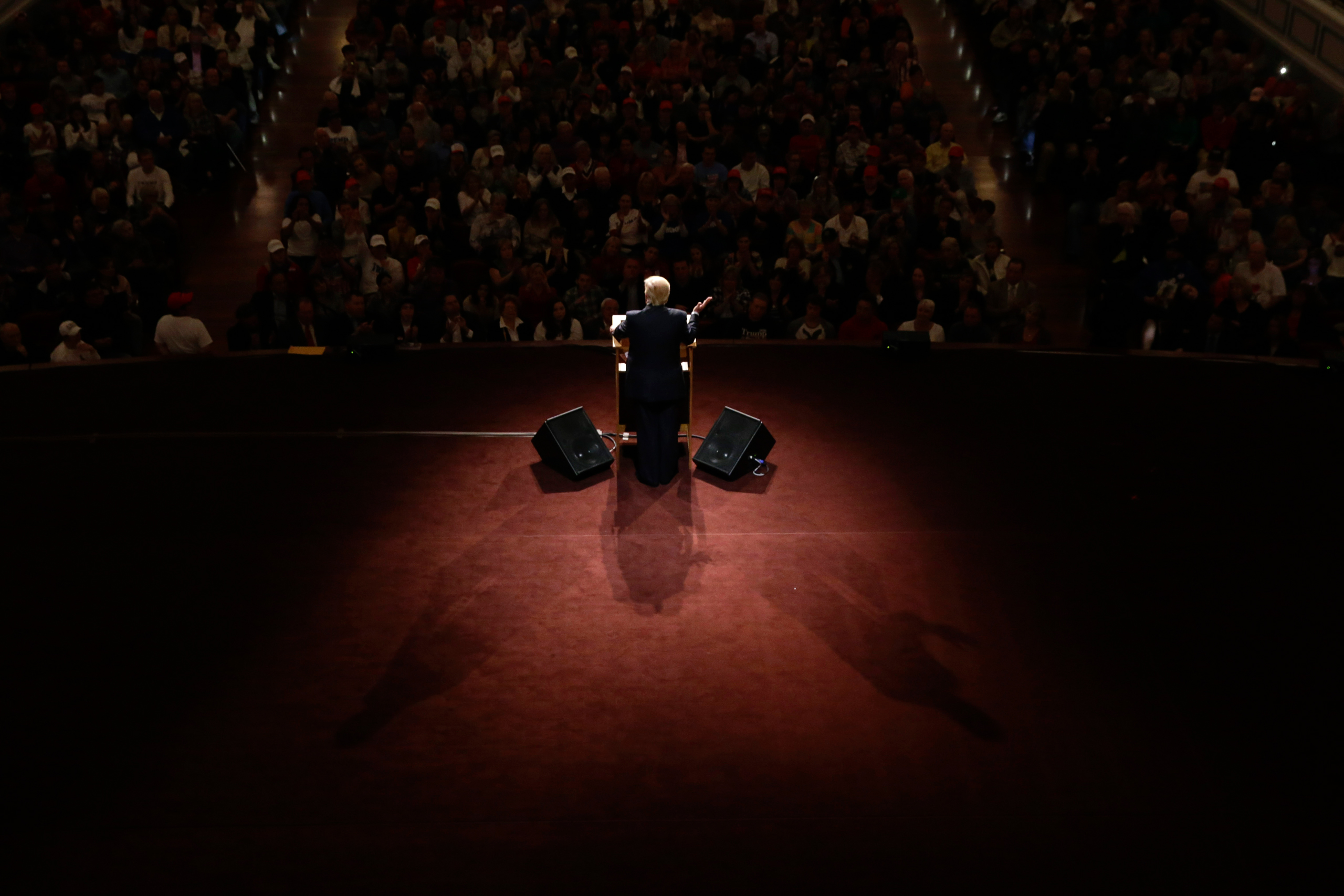 Republican presidential candidate Donald Trump speaks during a rally at The Palladium in Carmel, Ind., Monday, May 2, 2016. (AP Photo/Michael Conroy)