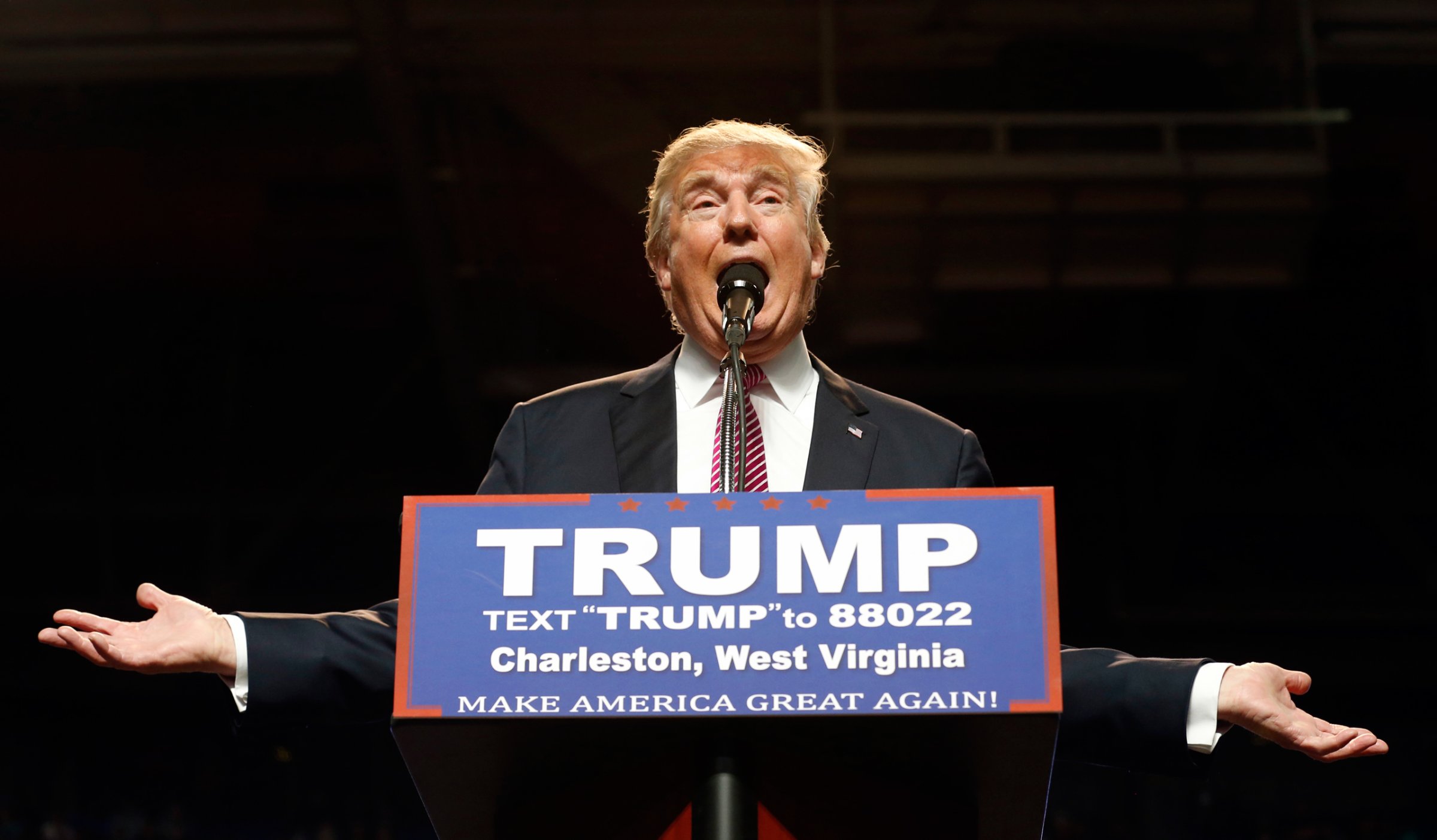 Republican presidential candidate Donald Trump gestures during a rally in Charleston, W.Va., Thursday, May 5, 2016. (AP Photo/Steve Helber)