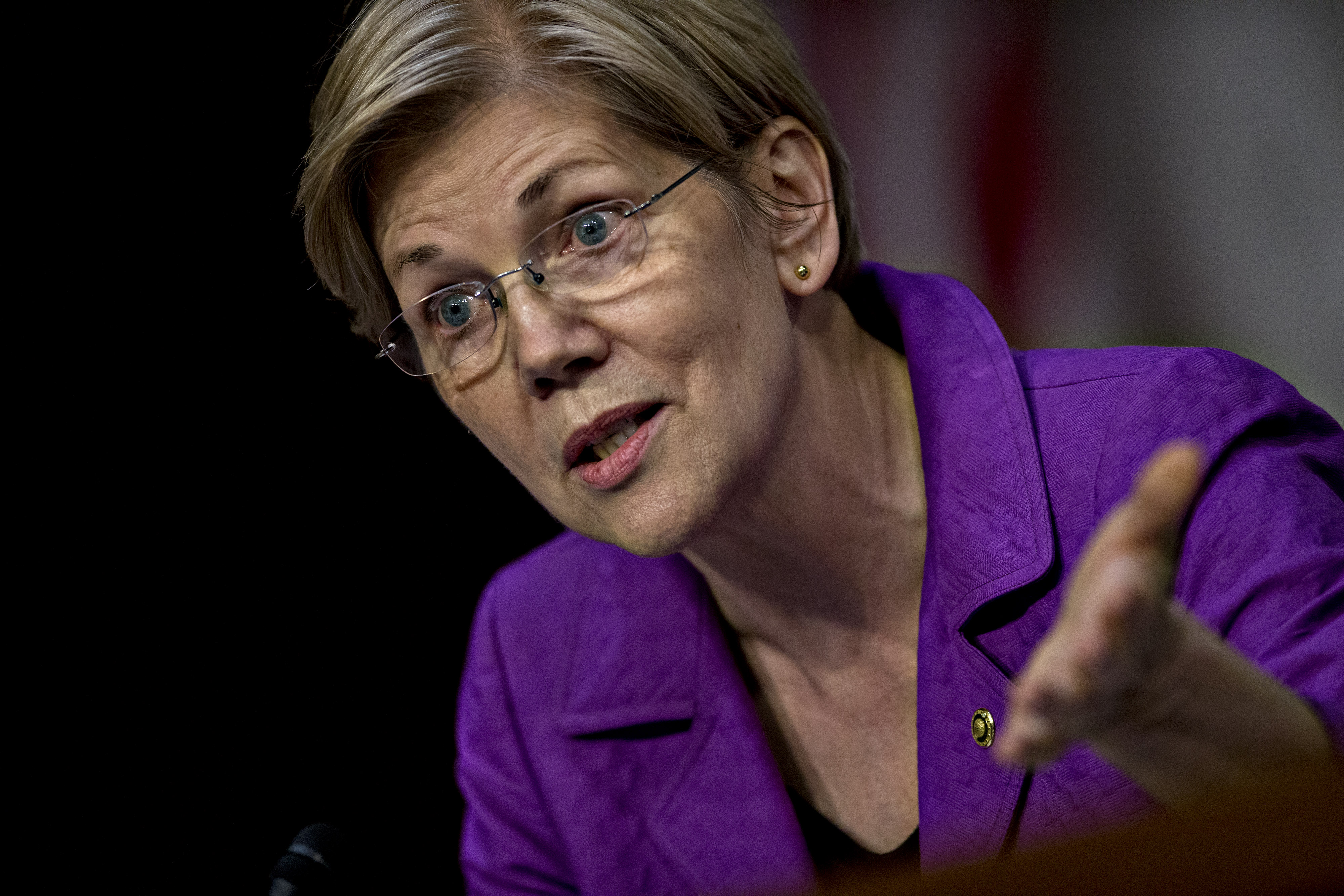 Senator Elizabeth Warren, a Democrat from Massachusetts, questions witnesses during a Senate Special Committee on Aging hearing on Valeant Pharmaceuticals in Washington on April 27. (Andrew Harrer—Bloomberg/Getty Images)