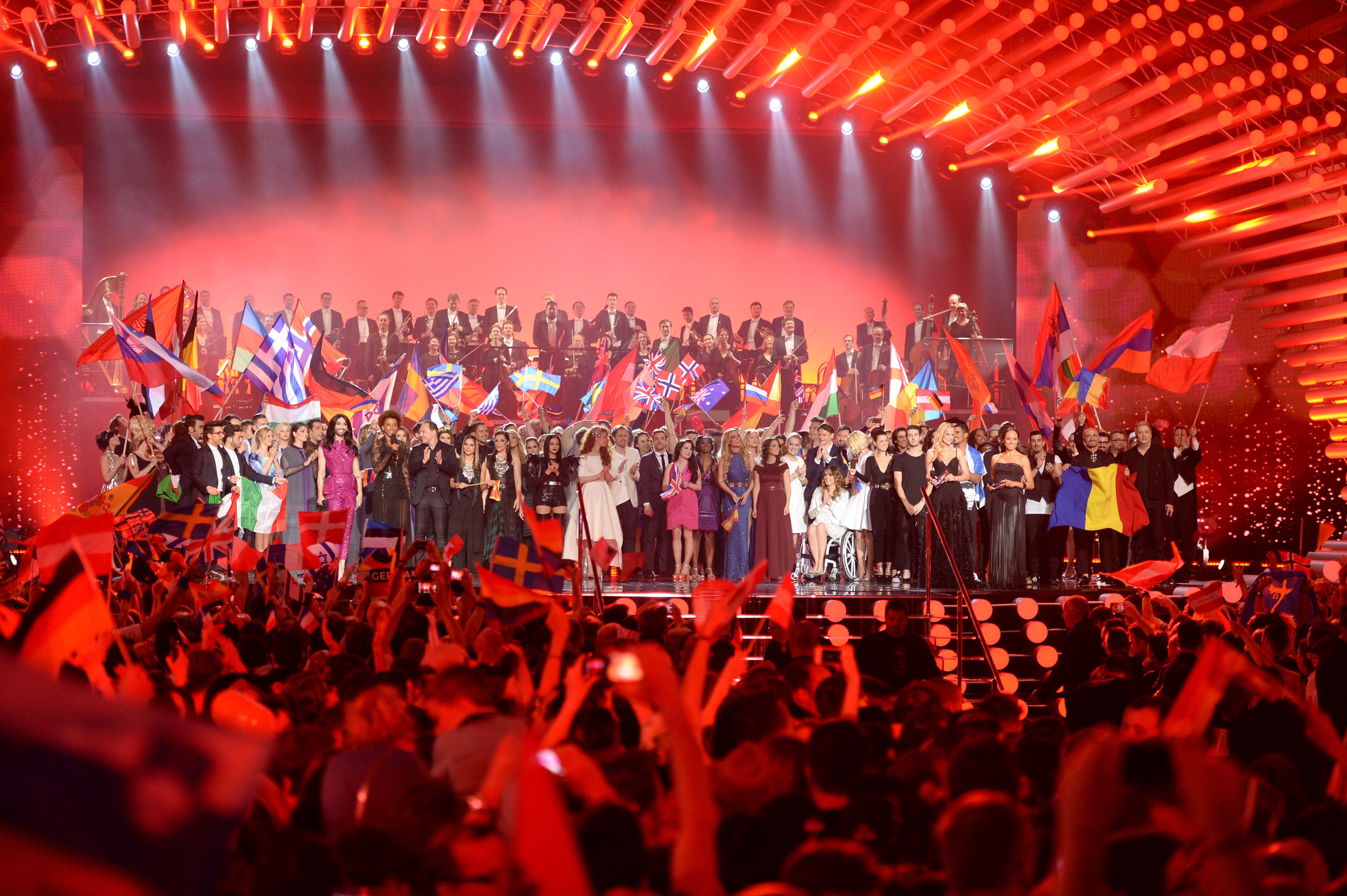 All participants stand on stage during the final of the Eurovision Song Contest 2015 on May 23, 2015 in Vienna, Austria. (Nigel Treblin—Getty Images)