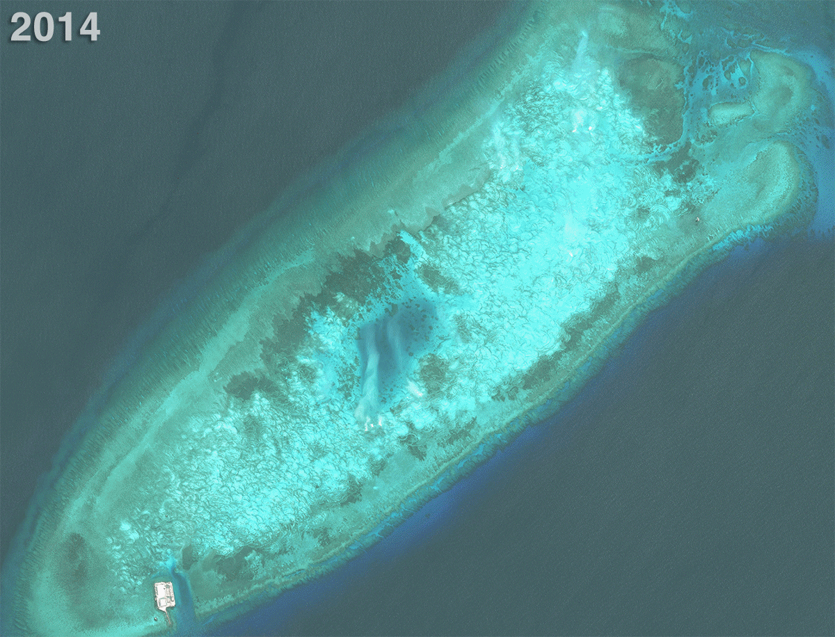 The buildup of Fiery Cross Reef is shown from May 31, 2014, to May 1, 2016.
