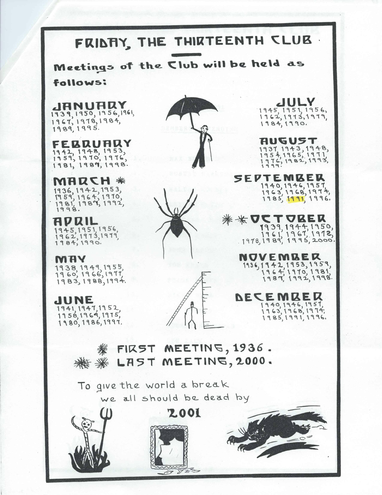 The calendar for Philadelphia's Friday the 13th club (Courtesy Joshua Klein)