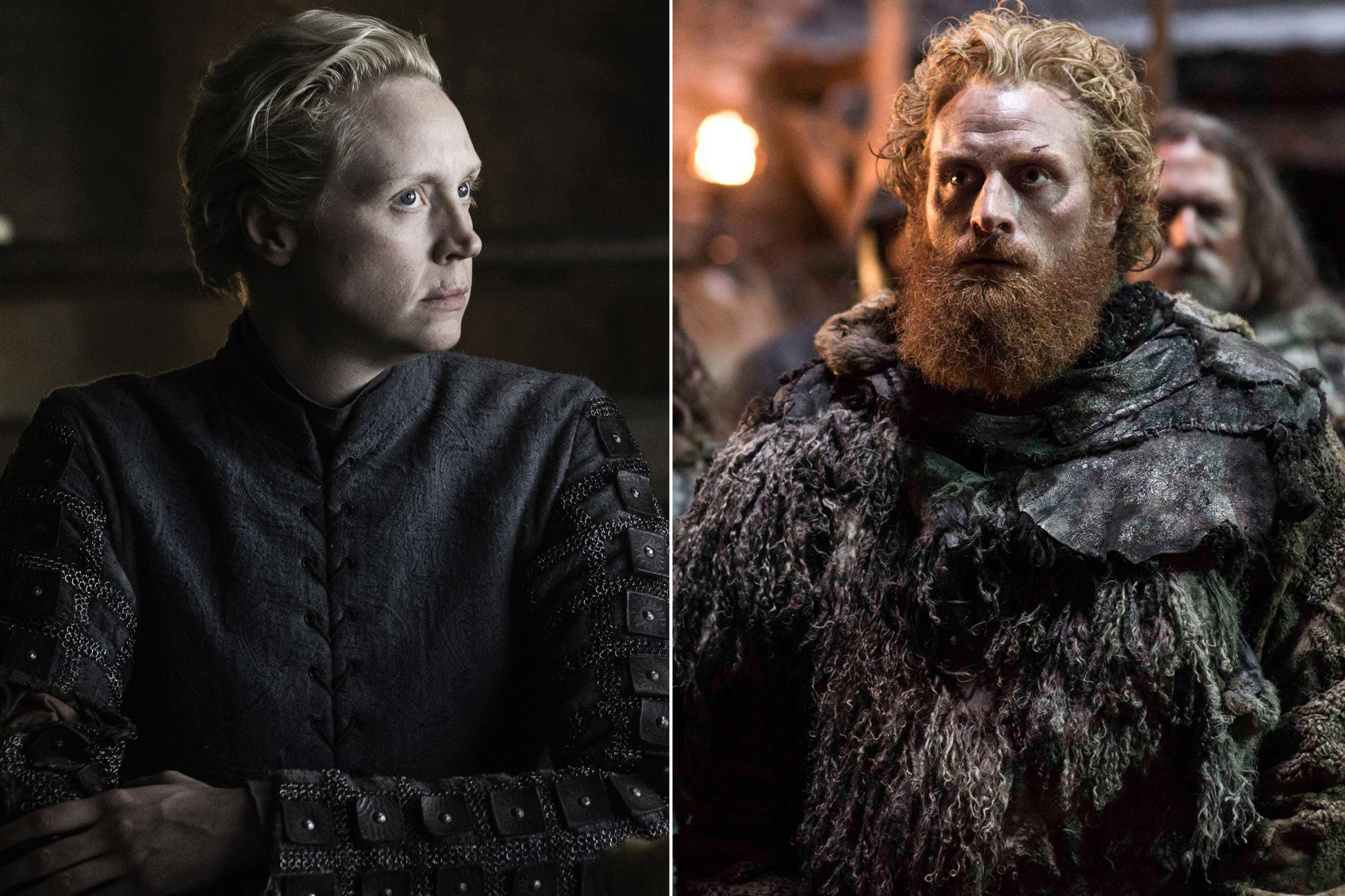 Kristofer Hivju as Tormund Giantsbane and Gwendoline Christie as Brienne of Tarth in Game of Thrones.