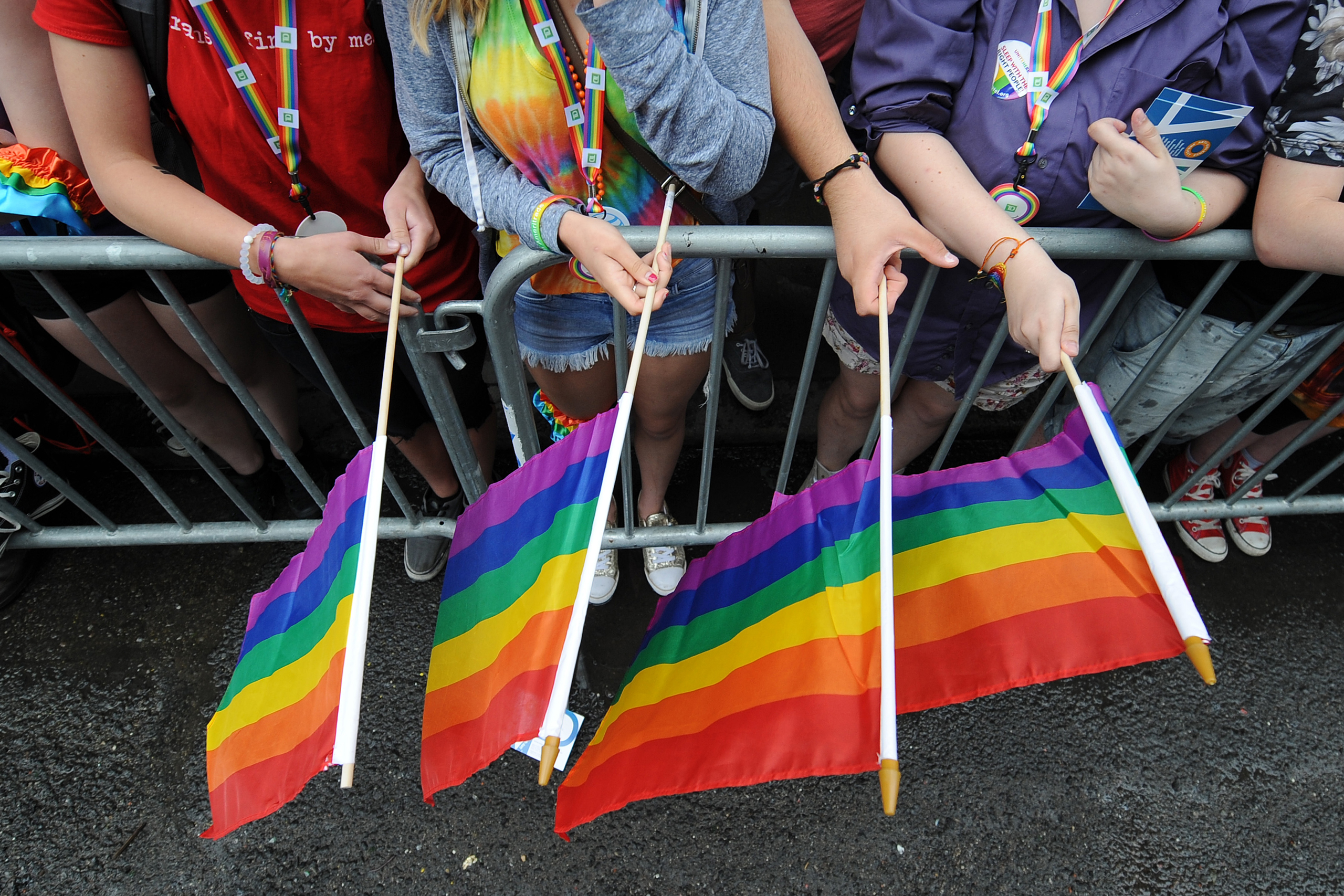 Parade marchers celebrate as they make their way down Fifth Avenue during the 2015 New York City Gay Pride Parade in New York on June 28, 2015. (Anthony Behar—Sipa USA/AP)
