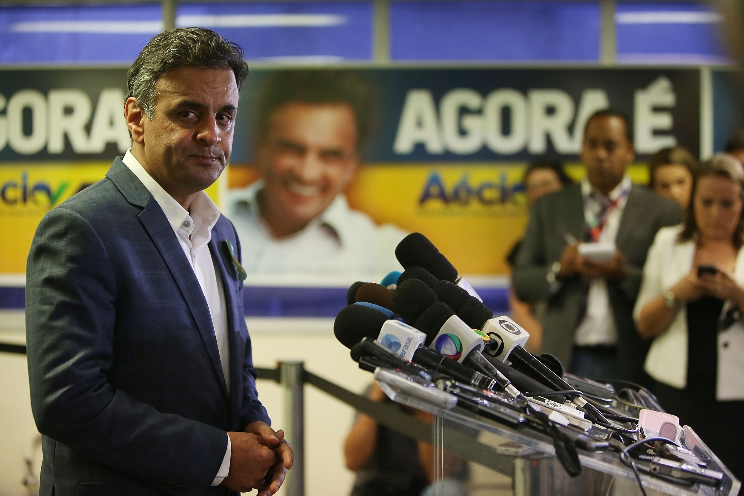 Presidential Candidate Aecio Neves Holds Press Conference