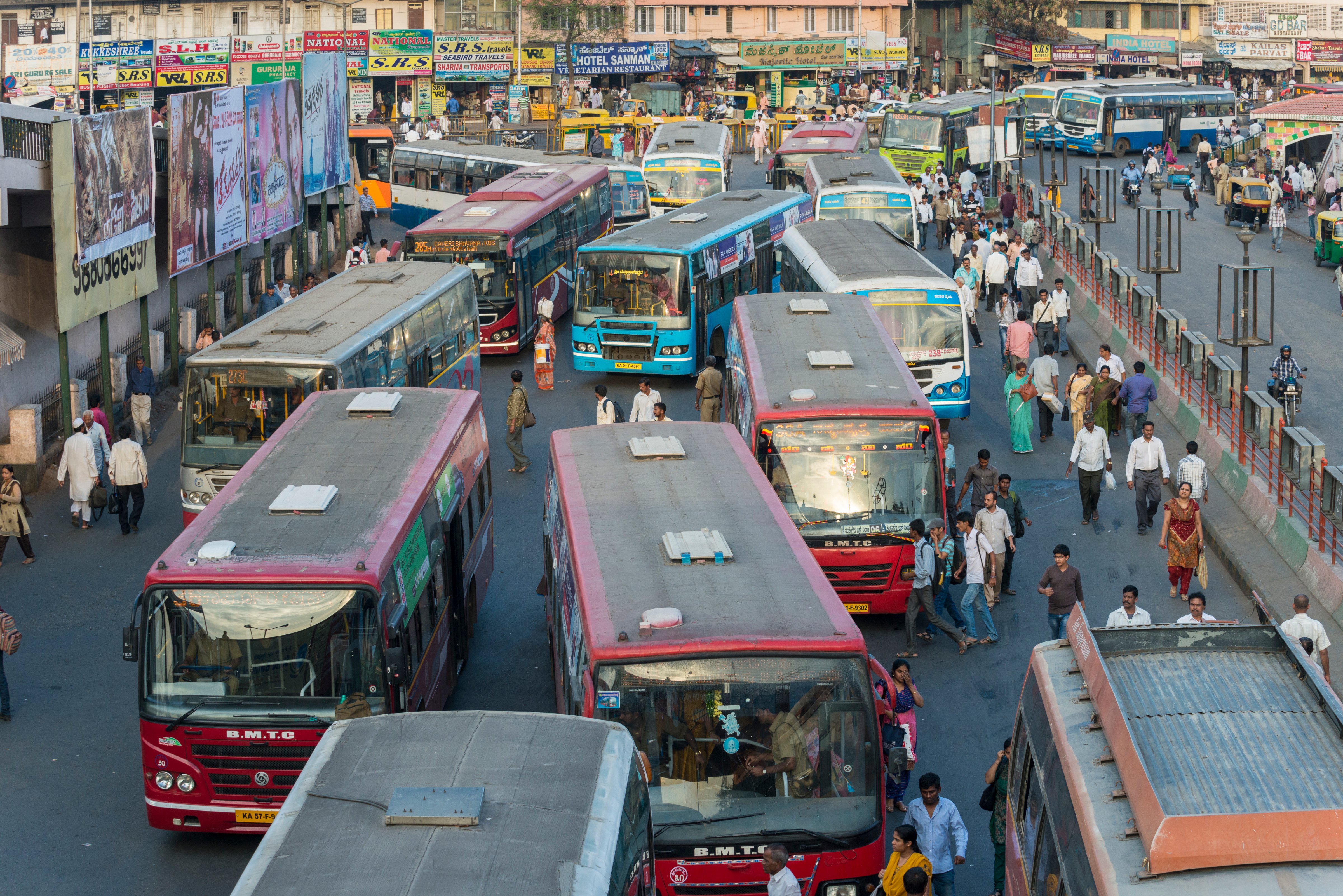 Chaotic bus traffic at Kempegowda Bus Station, more commonly known as Majestic Bus Station, in Bangalore, India, on March 11, 2014 (Frank Bienewald—LightRocket/Getty Images)