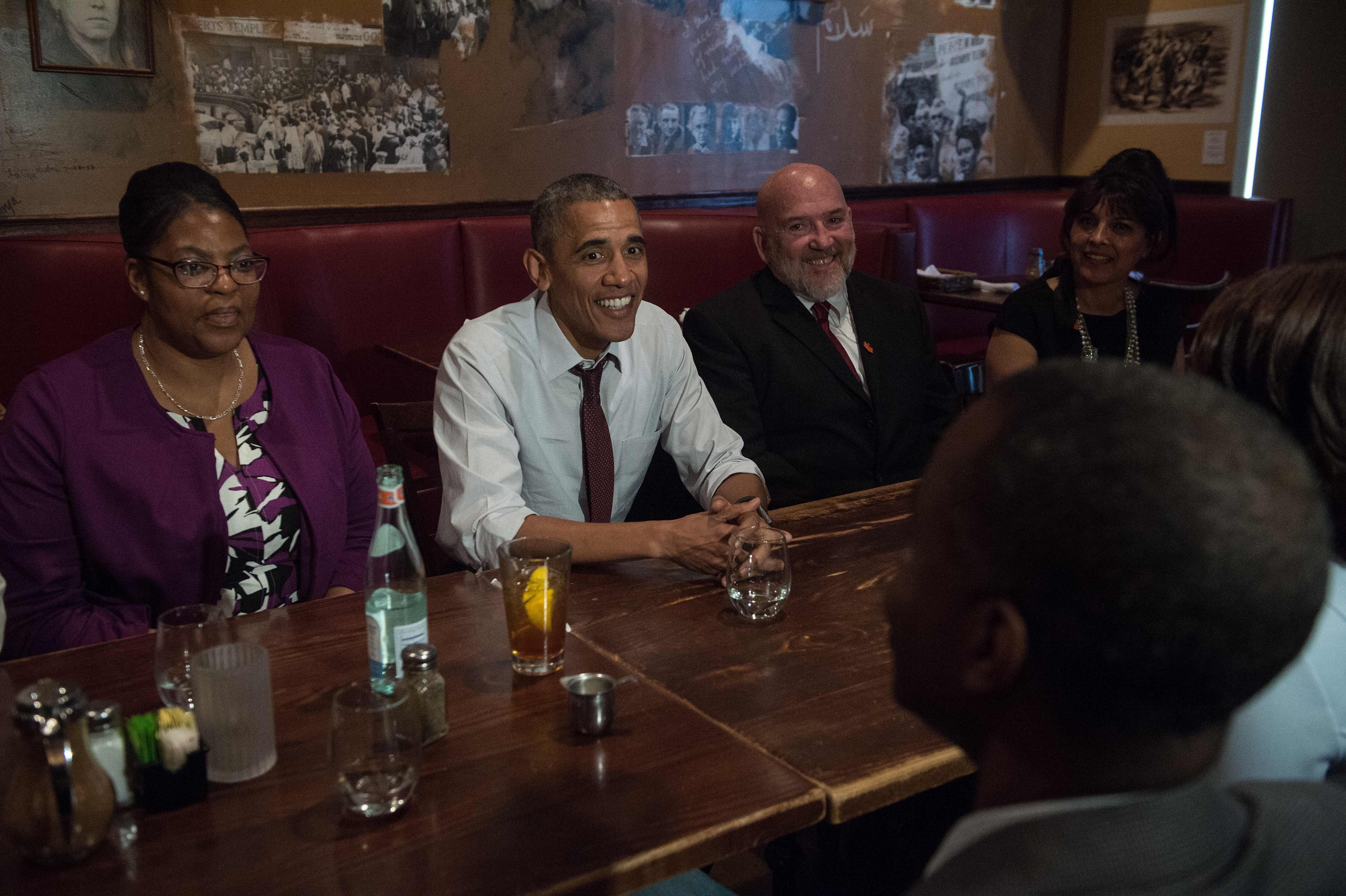 US President Barack Obama meets with formerly incarcerated individuals who have previously received commutations in Washington, DC, on March 30, 2016.NICHOLAS KAMM&mdash;AFP/Getty Images (NICHOLAS KAMM&mdash;AFP/Getty Images)