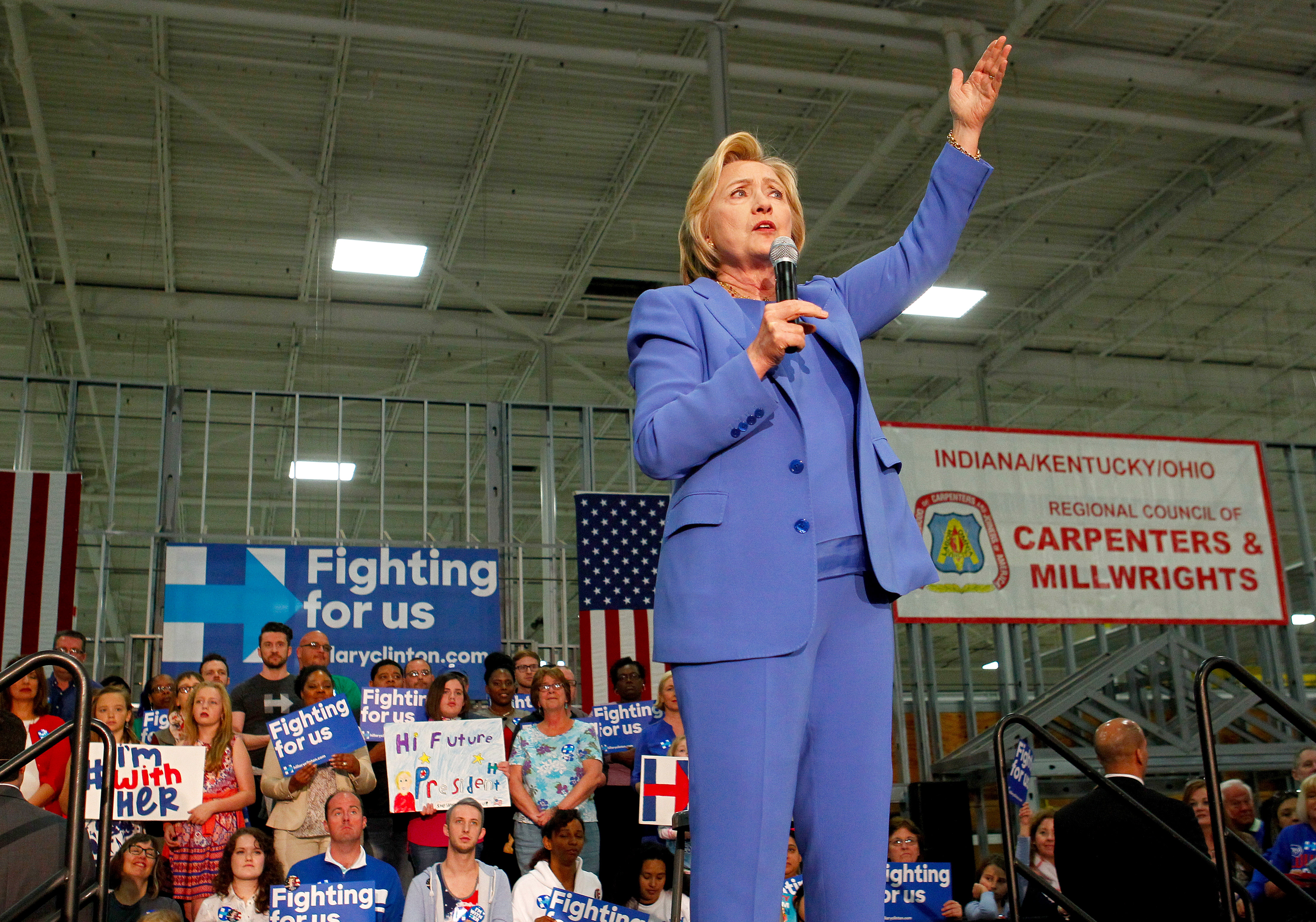 Hillary Clinton addresses the crowd during a campaign stop at the Union of Carpenters and Millwrights Training Center in Louisville, Kentucky, May 15, 2016. (John Sommers II—Getty Images)