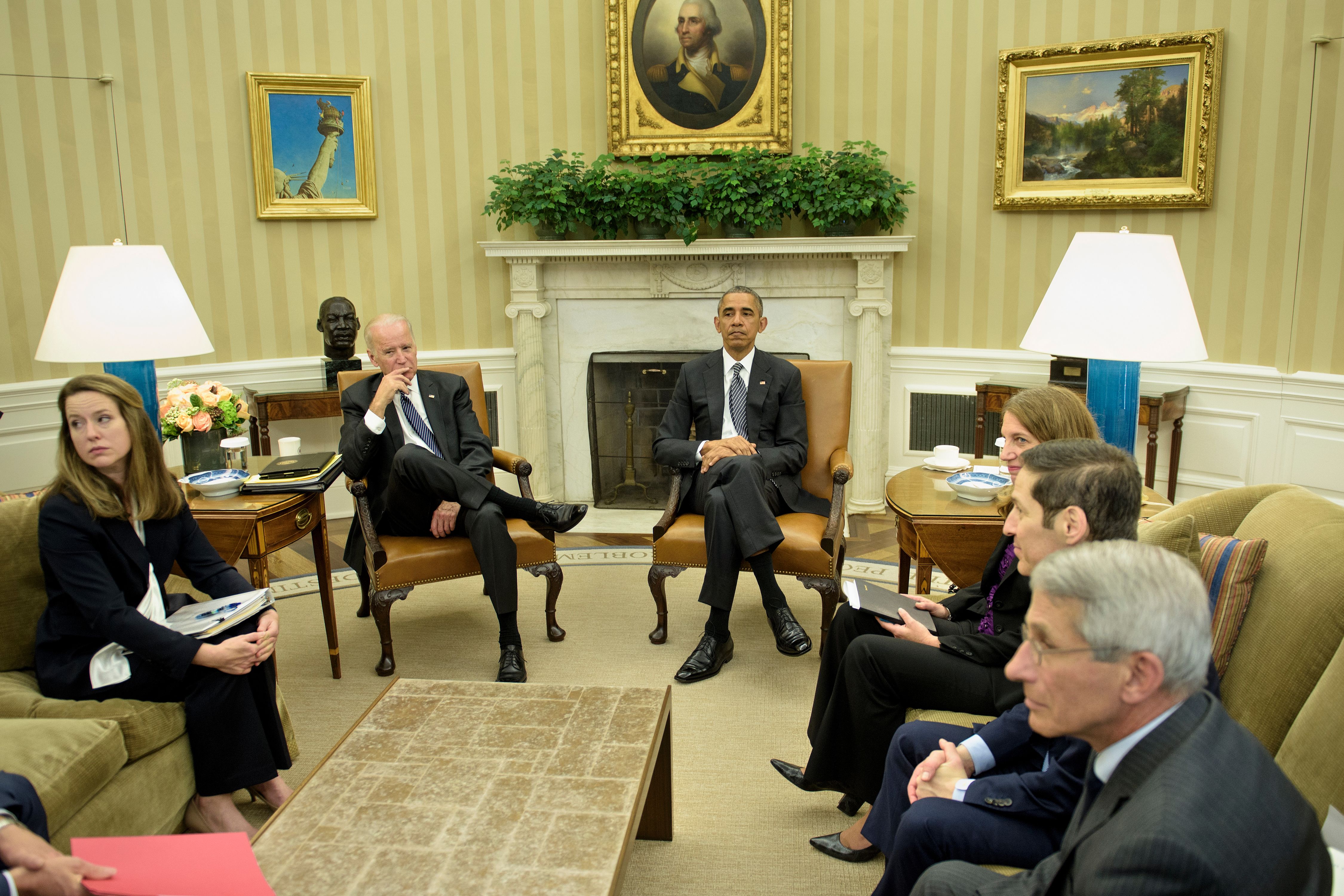 (L-R) Amy Pope, Deputy Homeland Security Advisor, US Vice President Joe R. Biden, US President Barack Obama, US Secretary of Health and Human Services Sylvia Burwell, National Institute of Allergy and Infectious Diseases Director Dr. Anthony Fauci, and Centers for Disease Control and Prevention Director Dr. Tom Frieden wait after a meeting about the Zika virus in the Oval Office of the White House BRENDAN SMIALOWSKI&mdash;AFP/Getty Images (BRENDAN SMIALOWSKI&mdash;AFP/Getty Images)