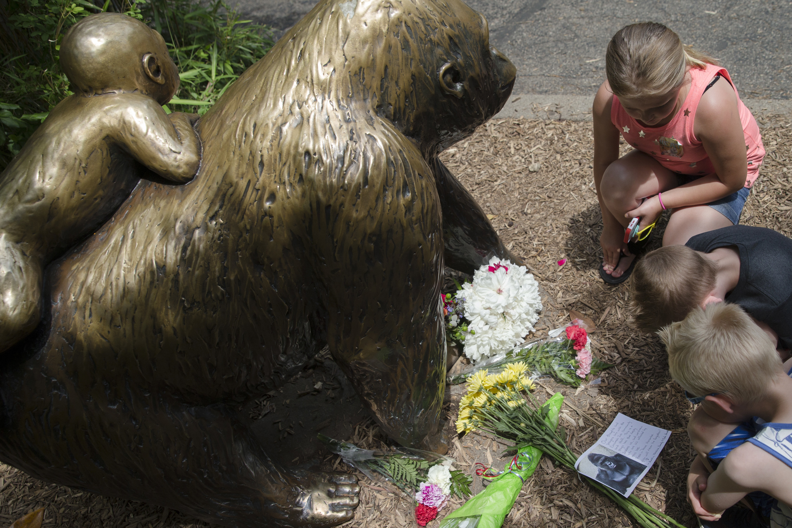 Children pause at the feet of a gorilla statue where flowers and a sympathy card have been placed, outside the Gorilla World exhibit at the Cincinnati Zoo &amp; Botanical Garden on May 29, 2016. (John Minchillo—AP)