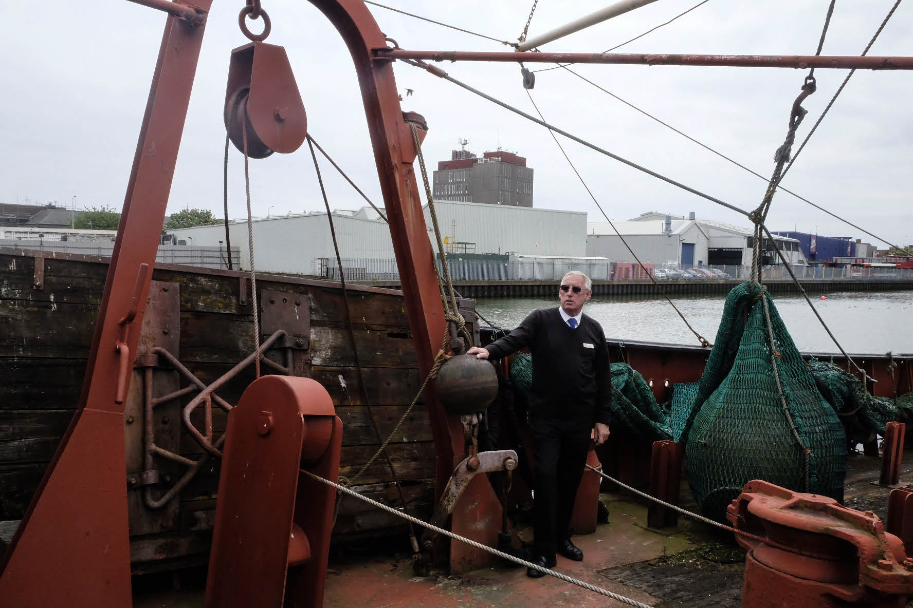 John Vincent conducts a tour on the Ross Tiger, now a part of the Grimsby Heritage Centre in the town of Grimsby, U.K., on May 28, 2015.
