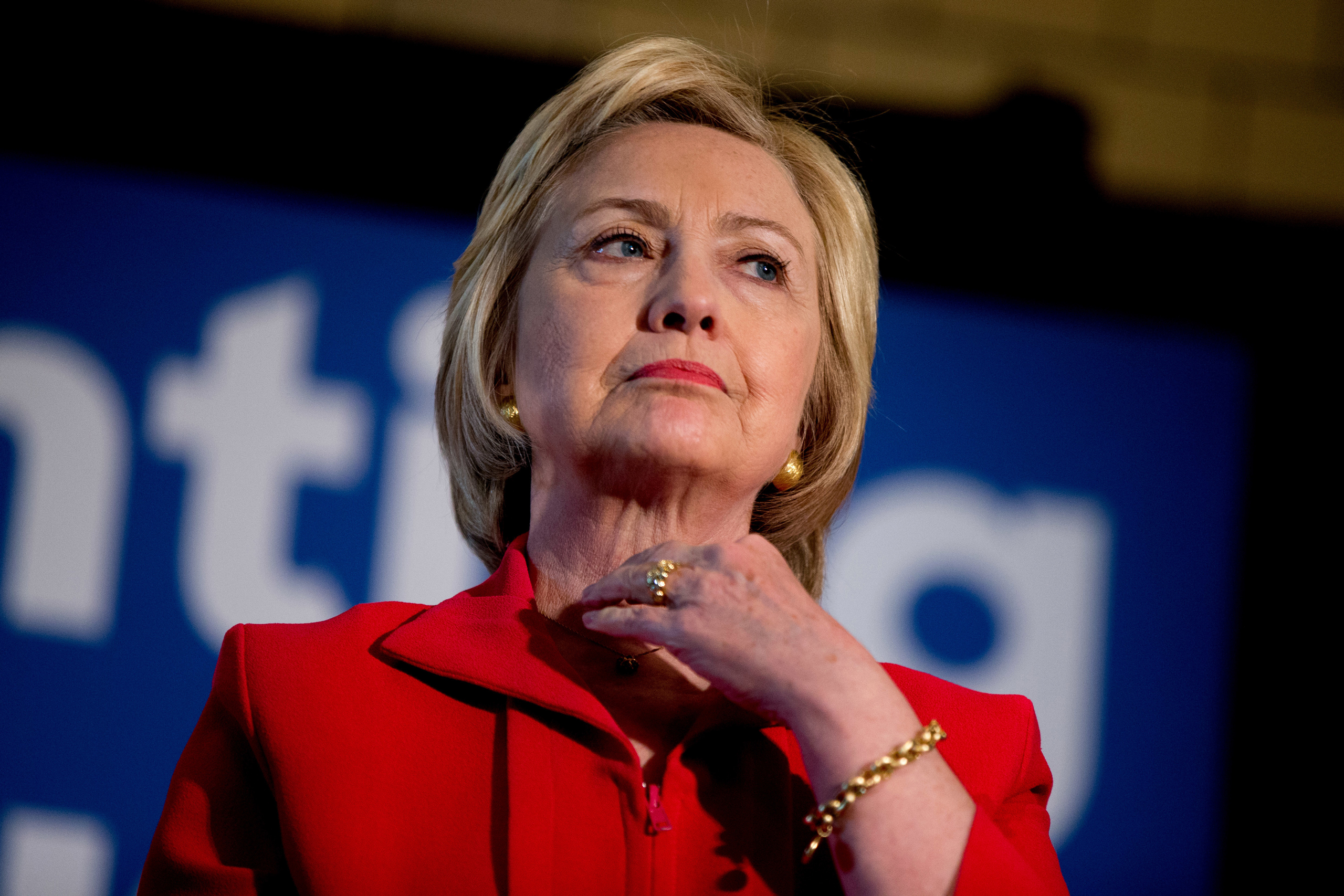 In this May 16, 2016 photo, Democratic presidential candidate Hillary Clinton waits to speak at a get out the vote event at La Gala in Bowling Green, Ky.  Hillary Clinton has a message for Donald Trump: Bring it on. As Clinton's path to the Democratic nomination seems all-but-assured, friends, aides and supporters describe a candidate who is not only prepared to tune out Trump's increasingly direct attacks on her husband's personal indiscretions but believes they will eventually benefit her presidential aspirations.  (AP Photo/Andrew Harnik)
