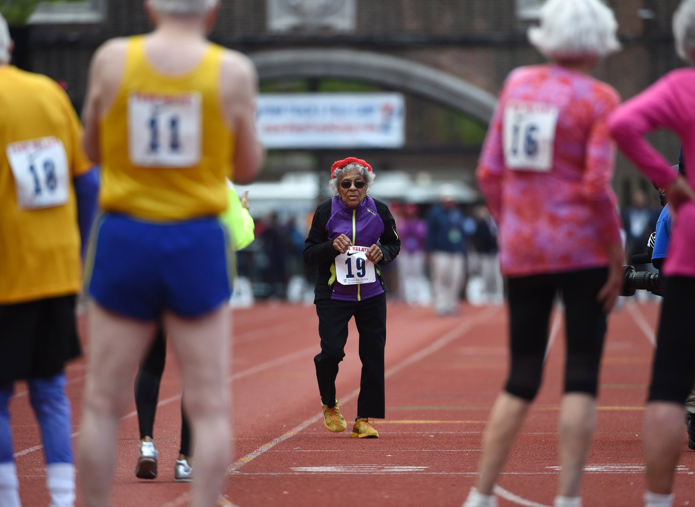 Ida Keeling (age 100) runs in the mixed masters age 80 and over 100m during the 122nd Penn Relays at Franklin Field in Philadelphia, PA, April 30, 2016.