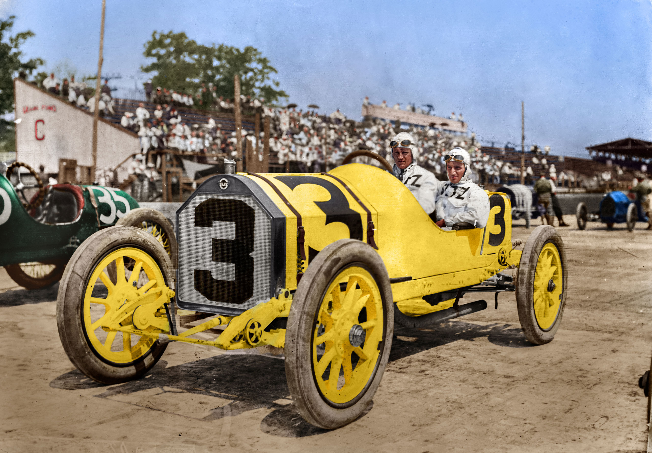 Gil Andersen of Norway with his riding mechanic aboard the #3 Stutz Motor Company Stutz Bearcat racer before the start of the third running of the Indianapolis 500 Mile Race on May 30, 1913 at the Indianapolis Motor Speedway.