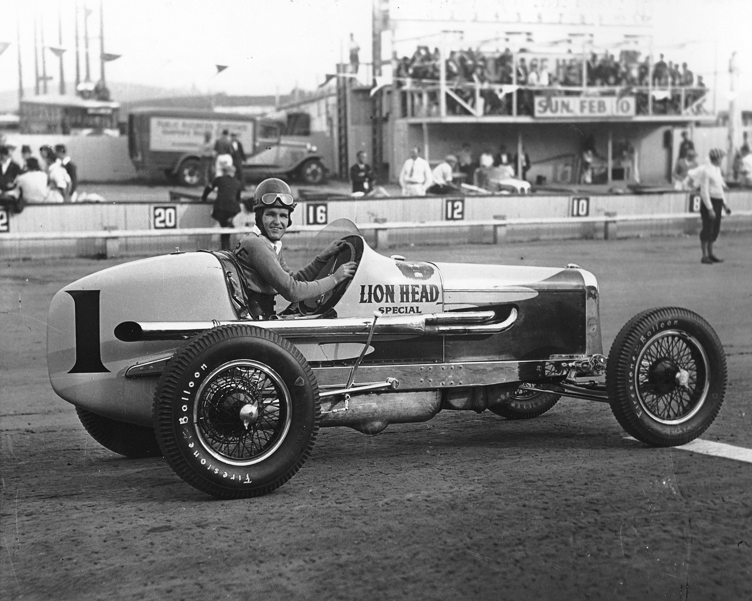1935: Driver Rex Mays shown here with the Lion Head Special. Mays made 12 starts in the Indianapolis 500 at Indianapolis Motor Speedway, winning the pole position four times. Mays finished second in the race twice, in both 1940 and 1941.