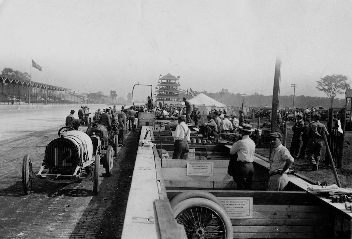 A view of the pits and original Pagoda on the front straightaway during the Indianapolis 500 on May 30, 1911, at the Indianapolis Motor Speedway (Nathan Lazarnick—Getty Images)