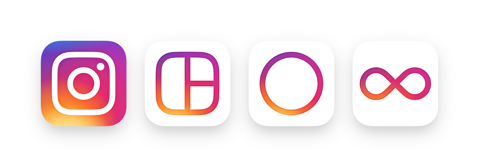 The new logos for the Instagram, Layout, Hyperlapse and Boomerang apps