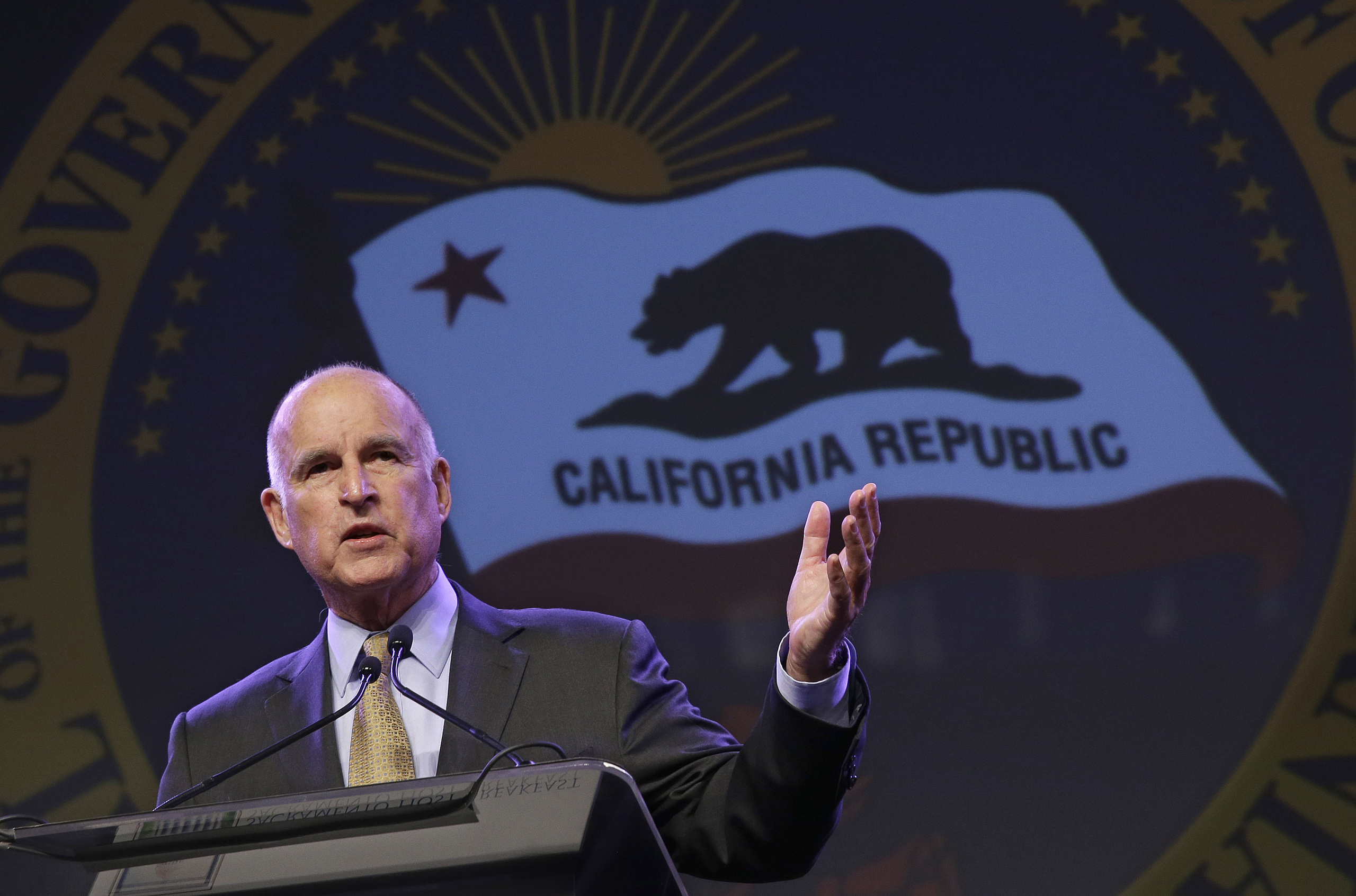 California Gov. Jerry Brown gestures as he speaks at the 91st Annual Sacramento Host Breakfast in Sacramento, Calif on May 18, 2016. (Rich Pedroncelli—AP)