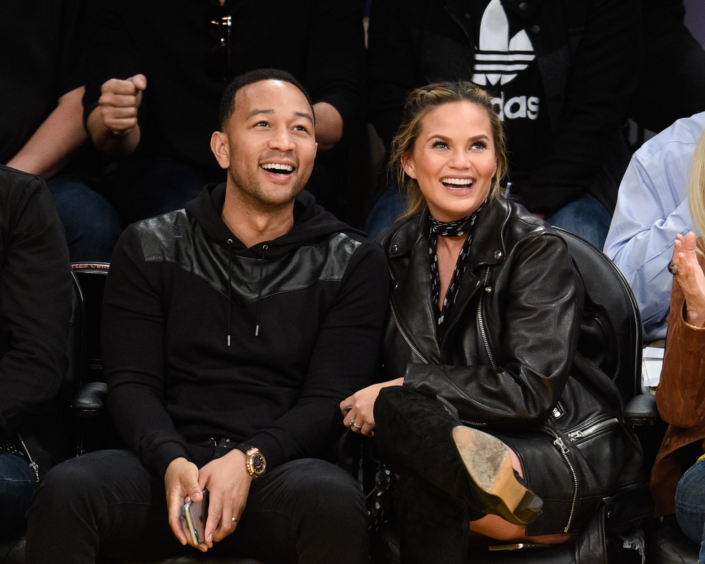 John Legend and Chrissy Teigen attend a basketball game between the Cleveland Cavaliers and the Los Angeles Lakers at Staples Center on March 10, 2016 in Los Angeles, California.