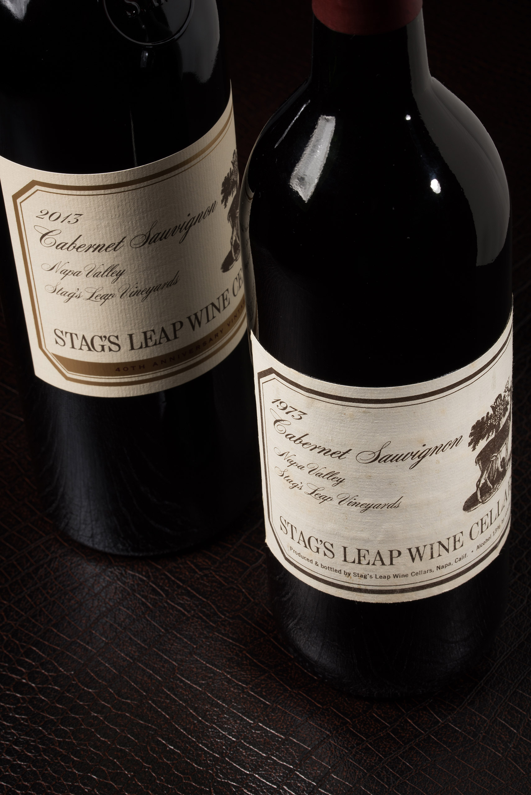 2013 S.L.V. Cabernet Sauvignon in the 40th Anniversary commemorative bottling – next to the 1973 S.L.V. that won the Paris Tasting. (Stag's Leap Wine Cellars)