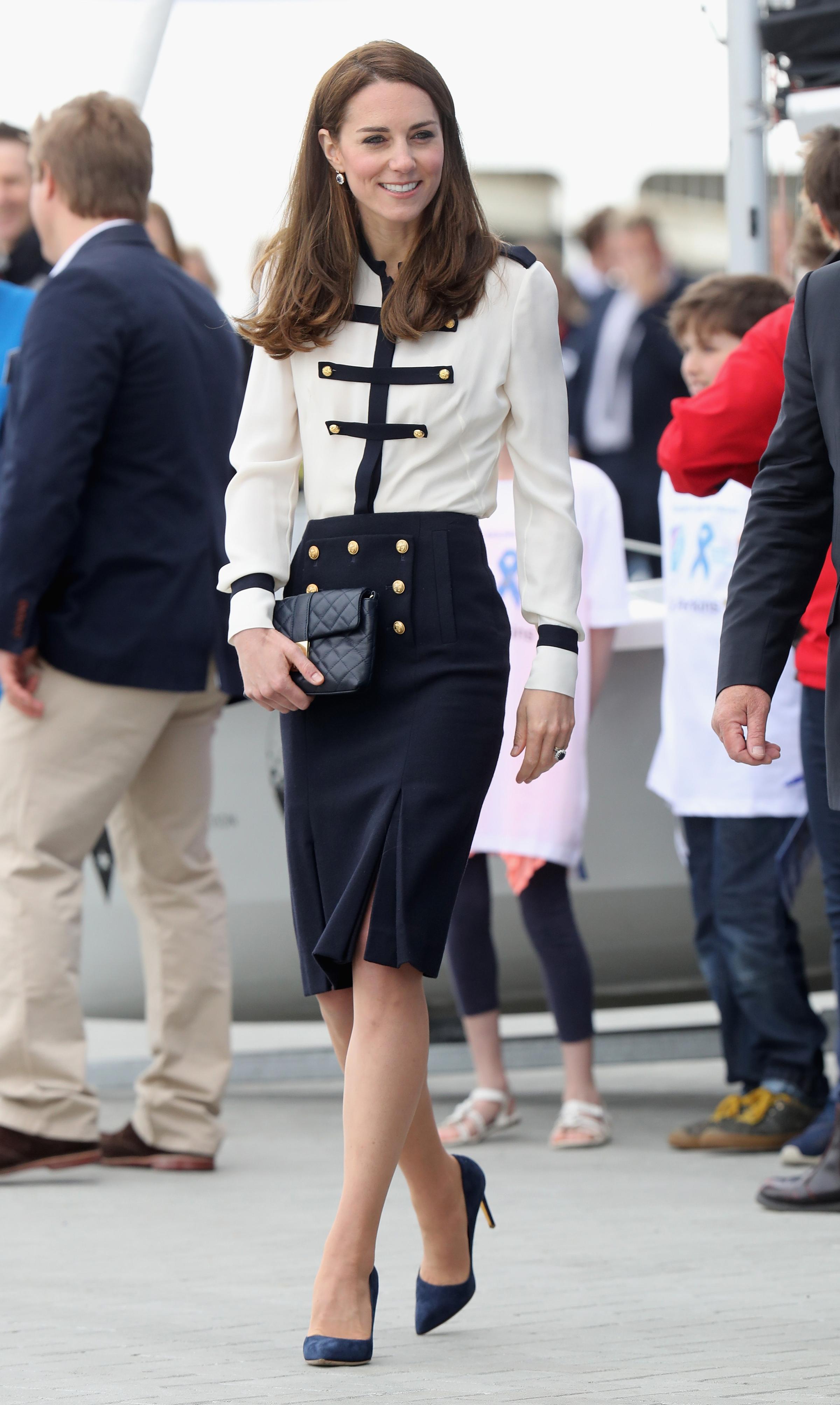 Catherine, Duchess of Cambridge, patron of the 1851 Trust, arrives at Land Rover BAR in Portsmouth, England, on May 20, 2016.