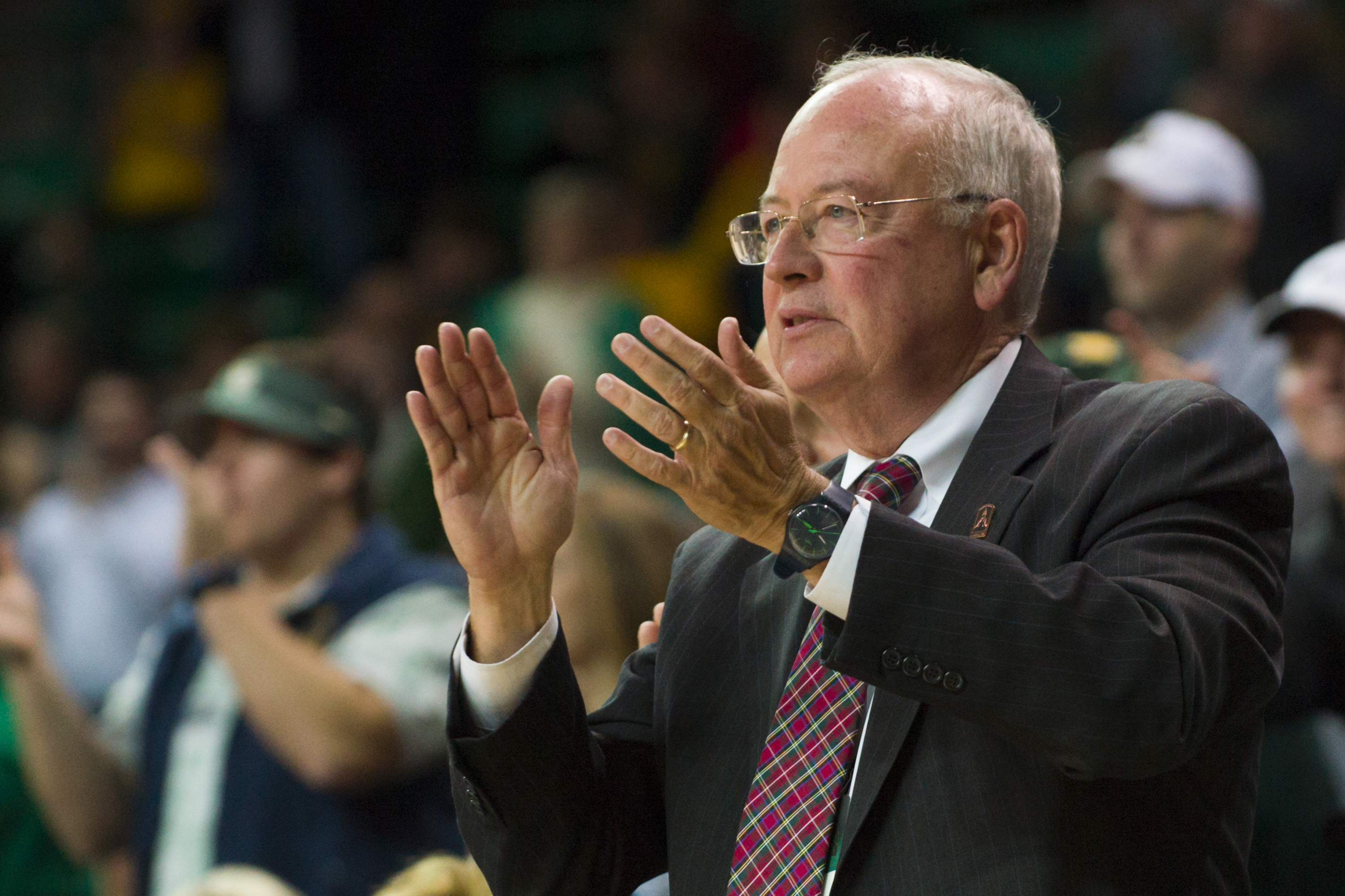 Baylor President Ken Starr (right) looks on as the Baylor Bears host the Texas A&amp;M Aggies on December 9, 2014 at the Ferrell Center in Waco, Texas. (Cooper Neill/Getty Images)