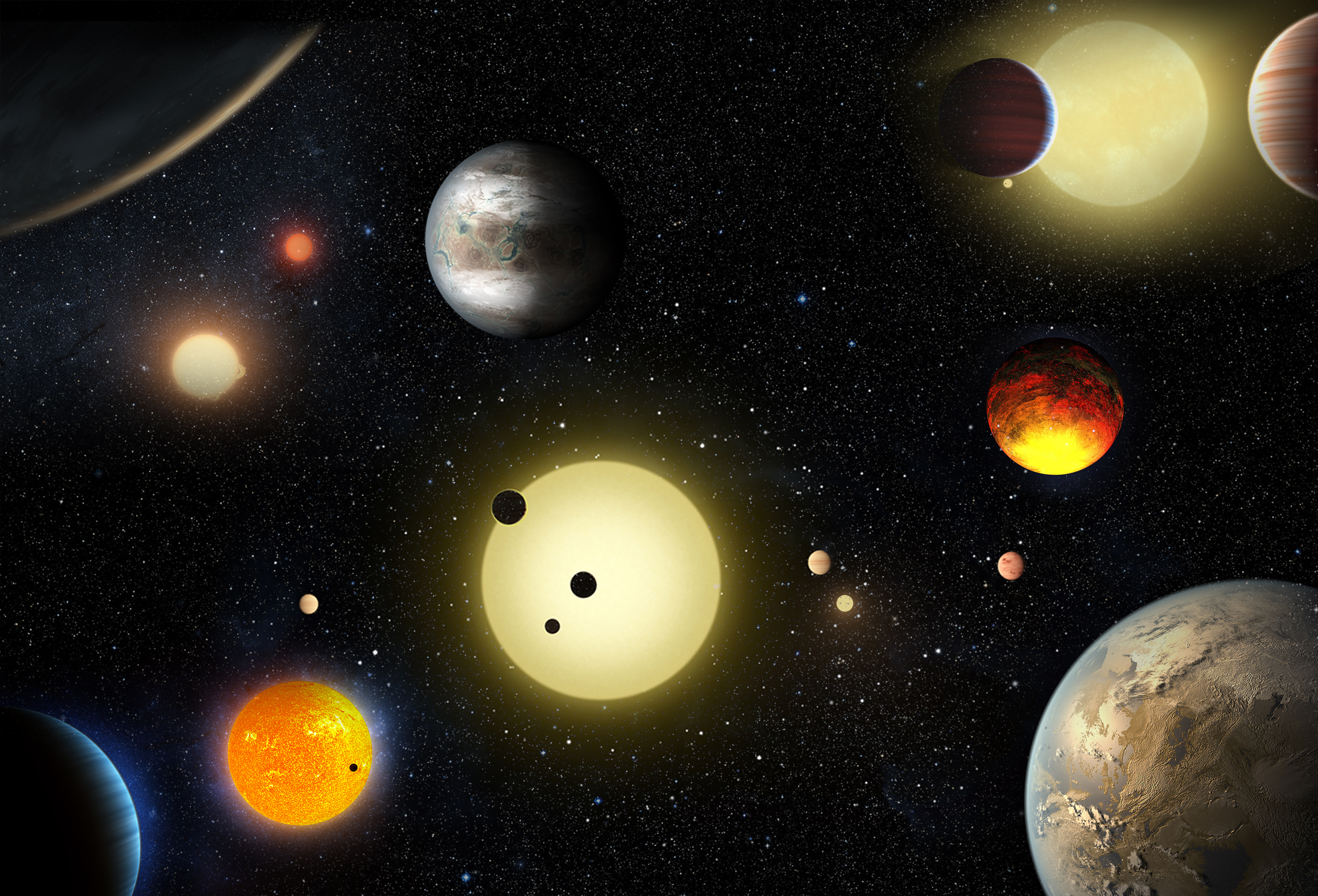 Artist's concept depicting select planetary discoveries made to date by NASA's Kepler space telescope. (NASA/W. Stenzel)